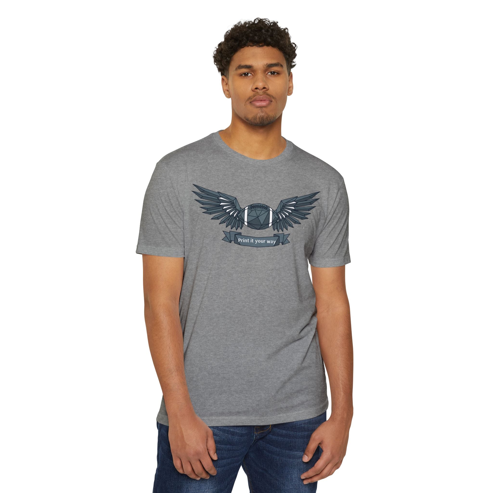 Heather gray custom t-shirt with winged camera emblem graphic on chest.
