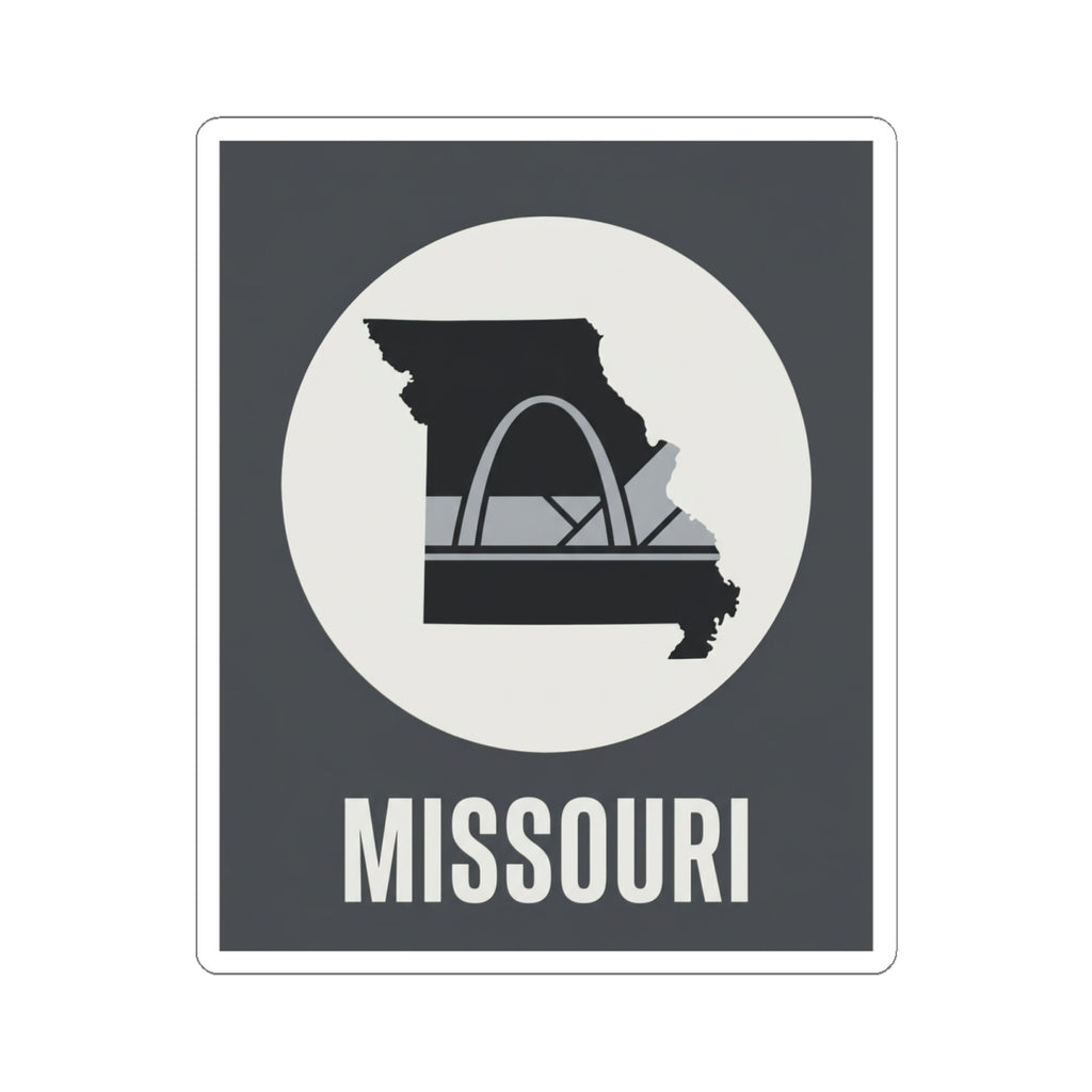 Missouri state outline sticker with Gateway Arch icon and “MISSOURI” lettering on dark background
