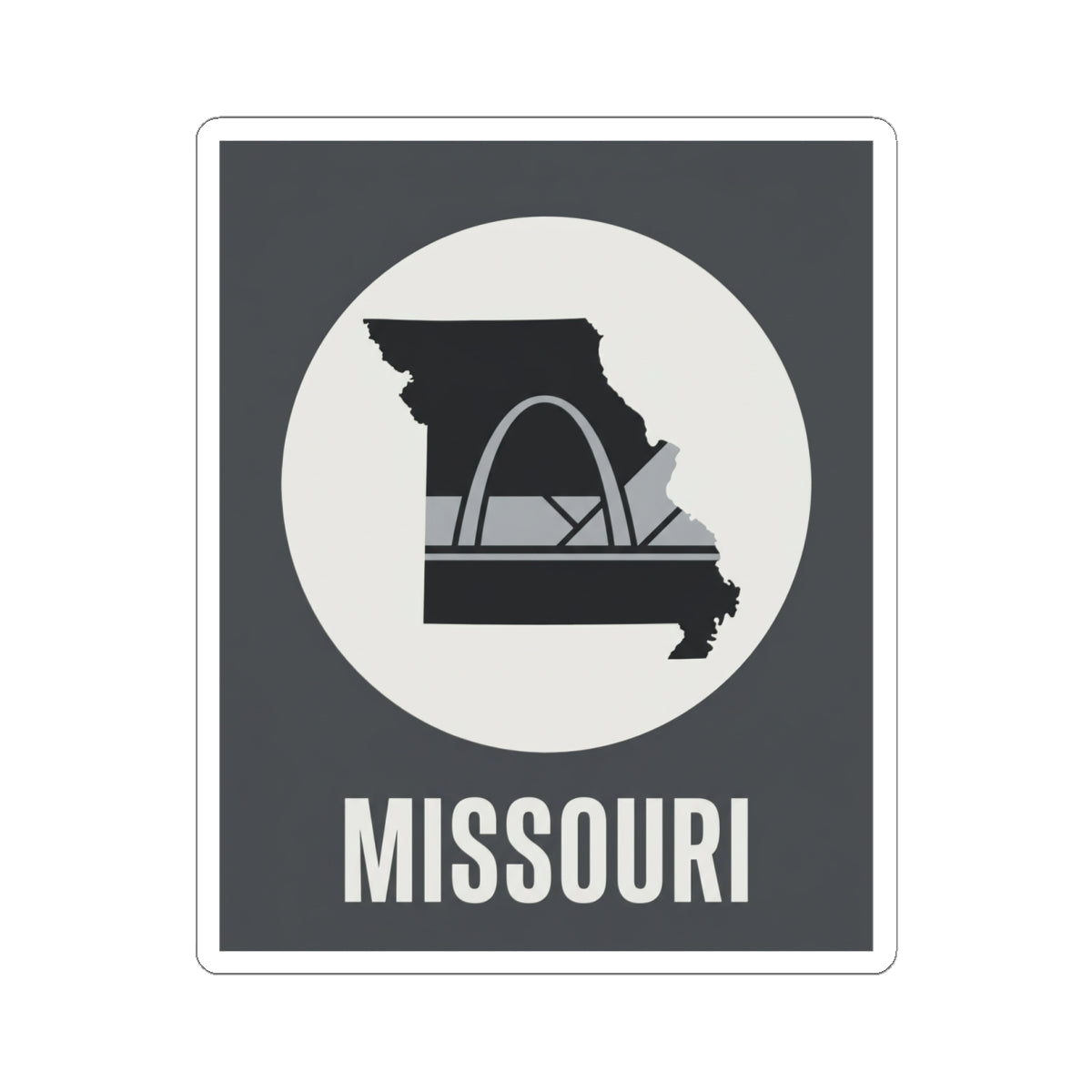 Missouri state outline sticker with Gateway Arch icon and “MISSOURI” lettering on dark background