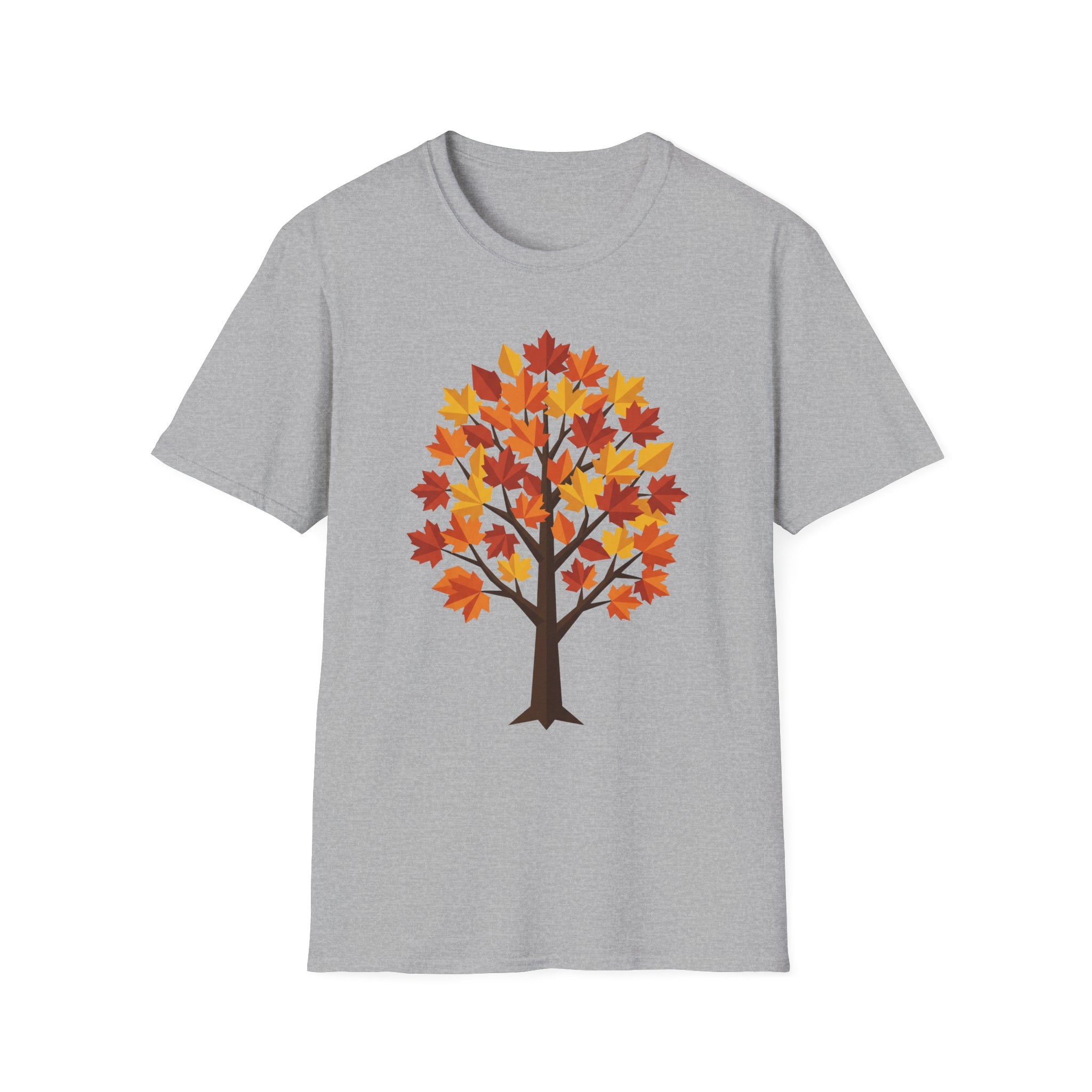 Camiseta gris jaspeada con árbol de arce otoñal y hojas de colores en el centro