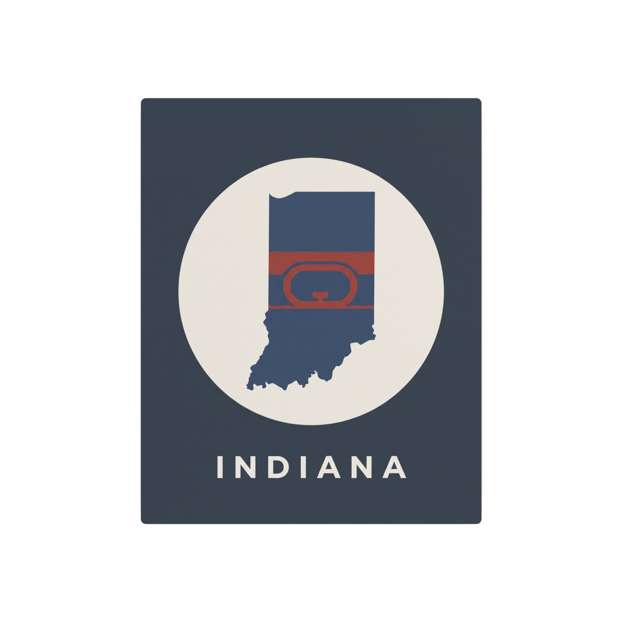 Indiana metal wall sign showing blue rectangle with white oval, Indiana silhouette, and hoop flag design