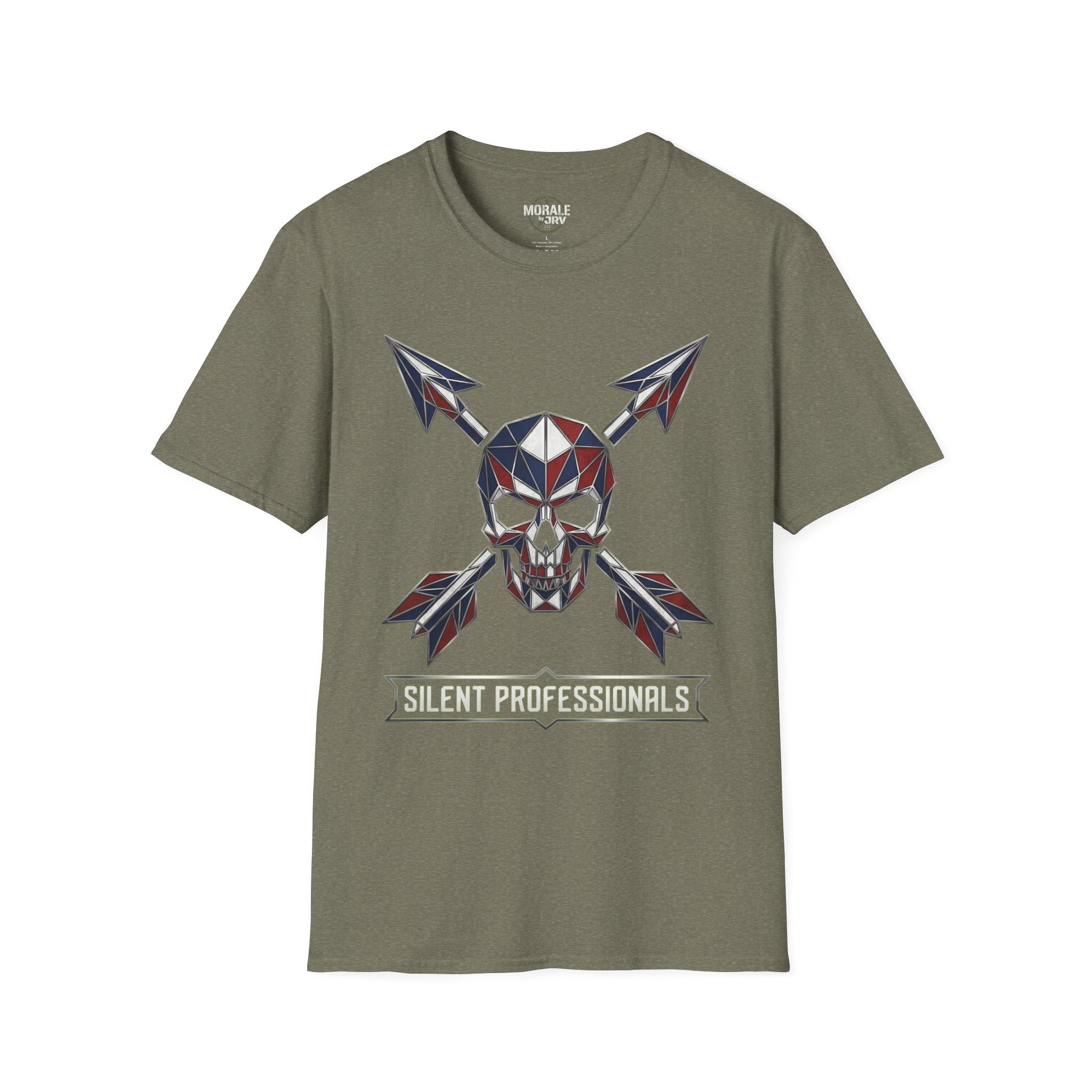 Military green T-shirt with geometric skull and crossed arrows graphic