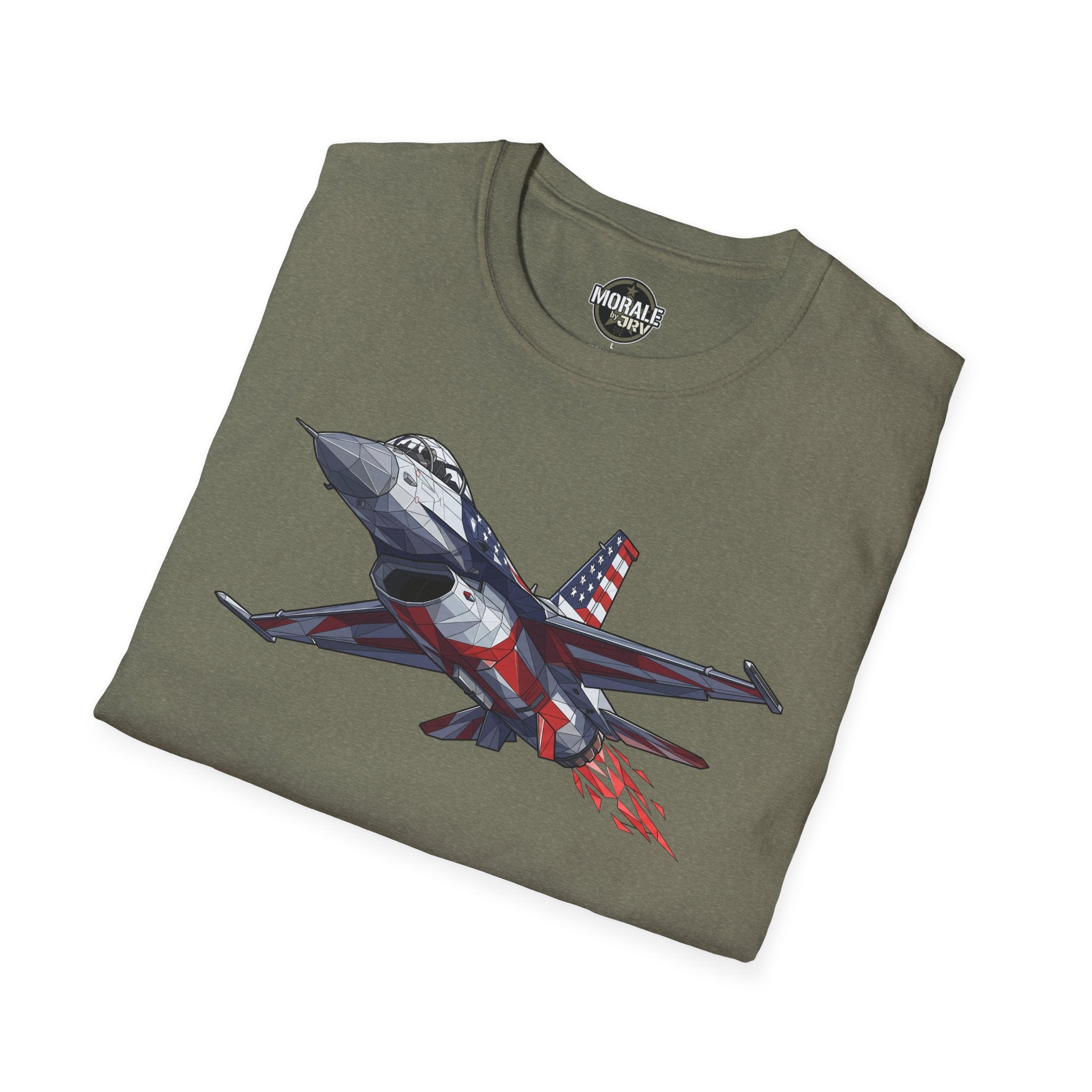 F-16 jet graphic T-shirt, military green, American flag design