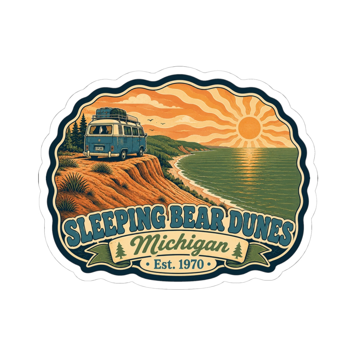 Die-cut sticker with camper van, sandy dunes, green lake, sunrise rays, and Michigan lettering