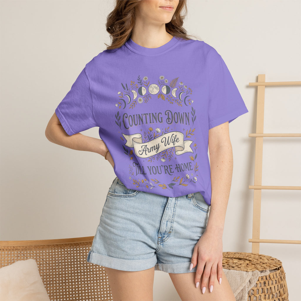 Purple T-shirt worn by model with floral “Counting Down,” “Army Wife,” and “Till You’re Home”