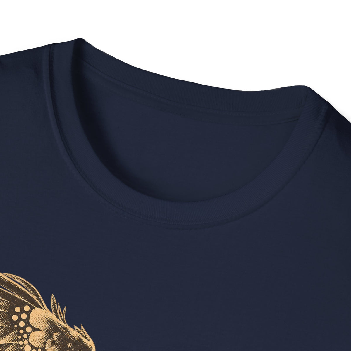 Navy crew-neck T-shirt neckline close-up.