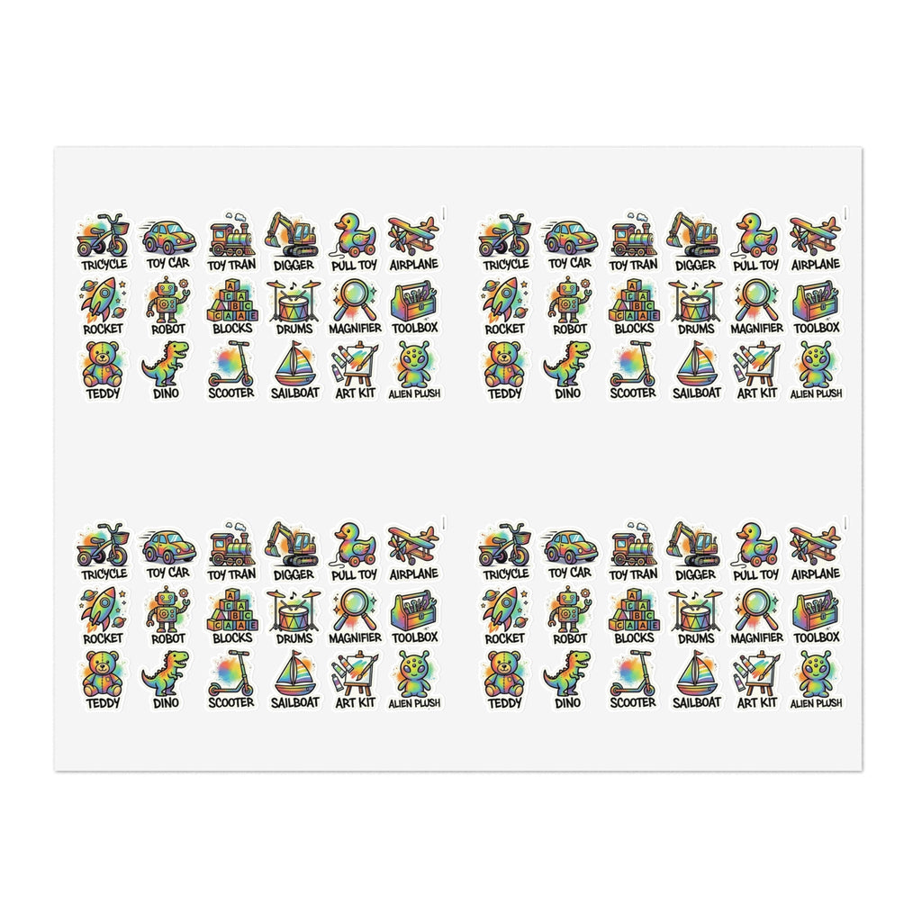 Rectangular die-cut sticker sheet with tiny toy icons in rows on white backing