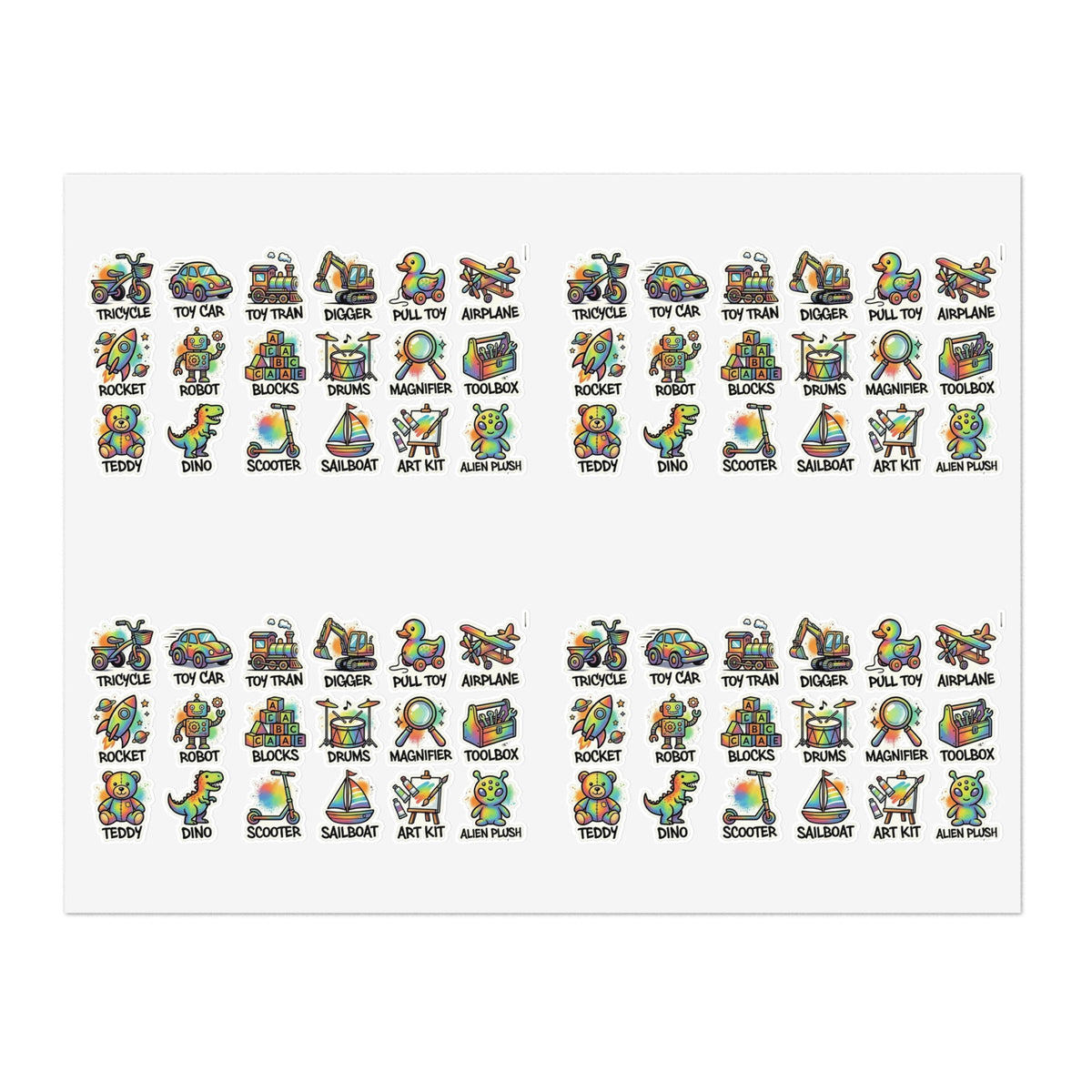 Rectangular die-cut sticker sheet with tiny toy icons in rows on white backing