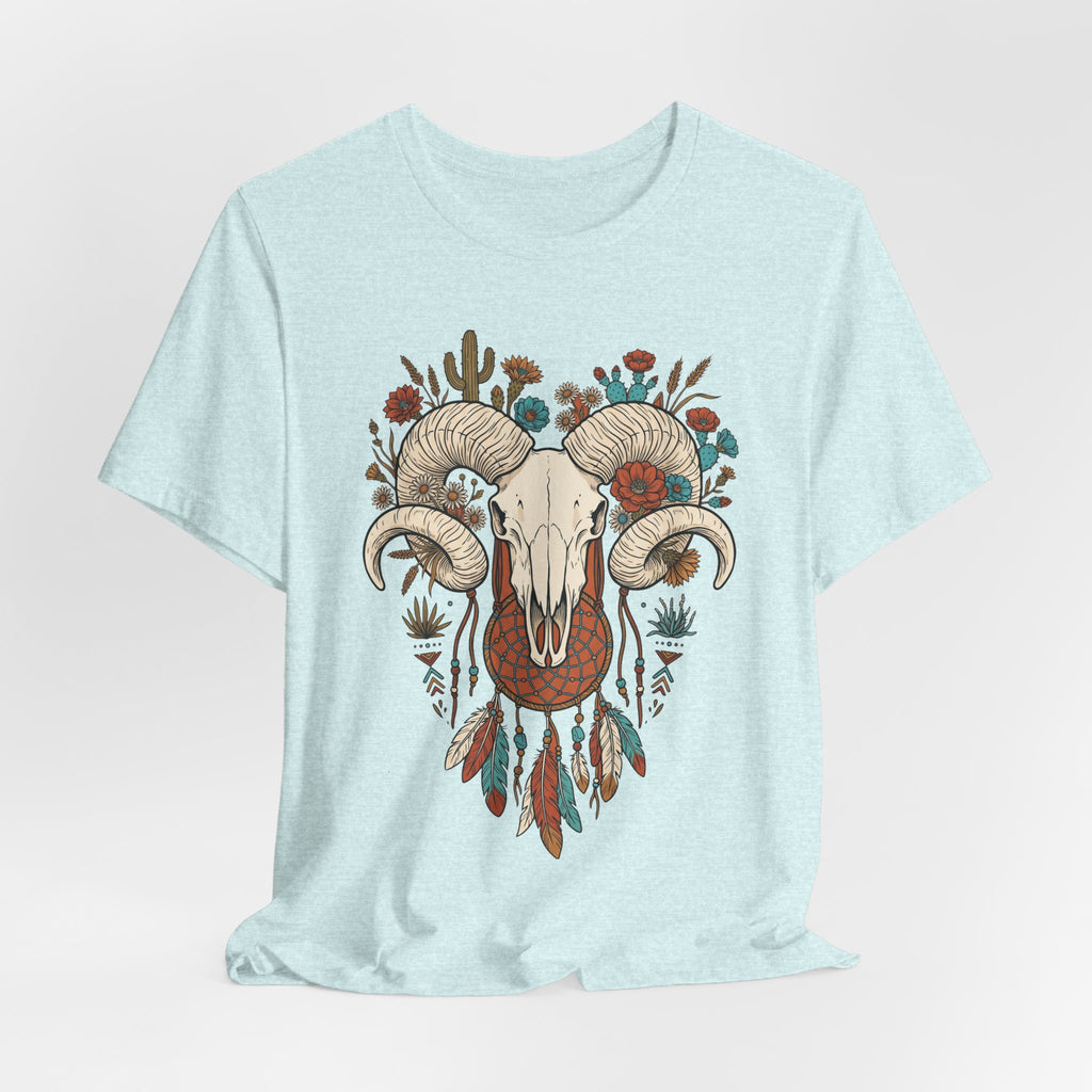 Light aqua front graphic ram skull with curled horns, flowers and dreamcatcher feathers