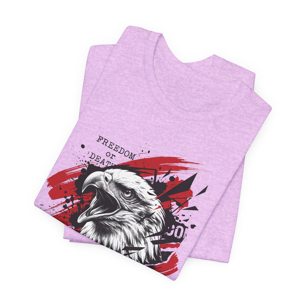 Lavender T-shirt with bald eagle graphic and red paint-splatter design