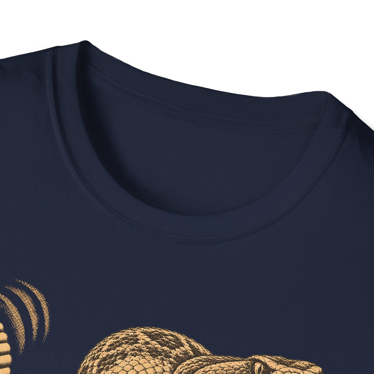 Navy T-shirt close-up, crew neckline with partial coiled snake desert graphic.