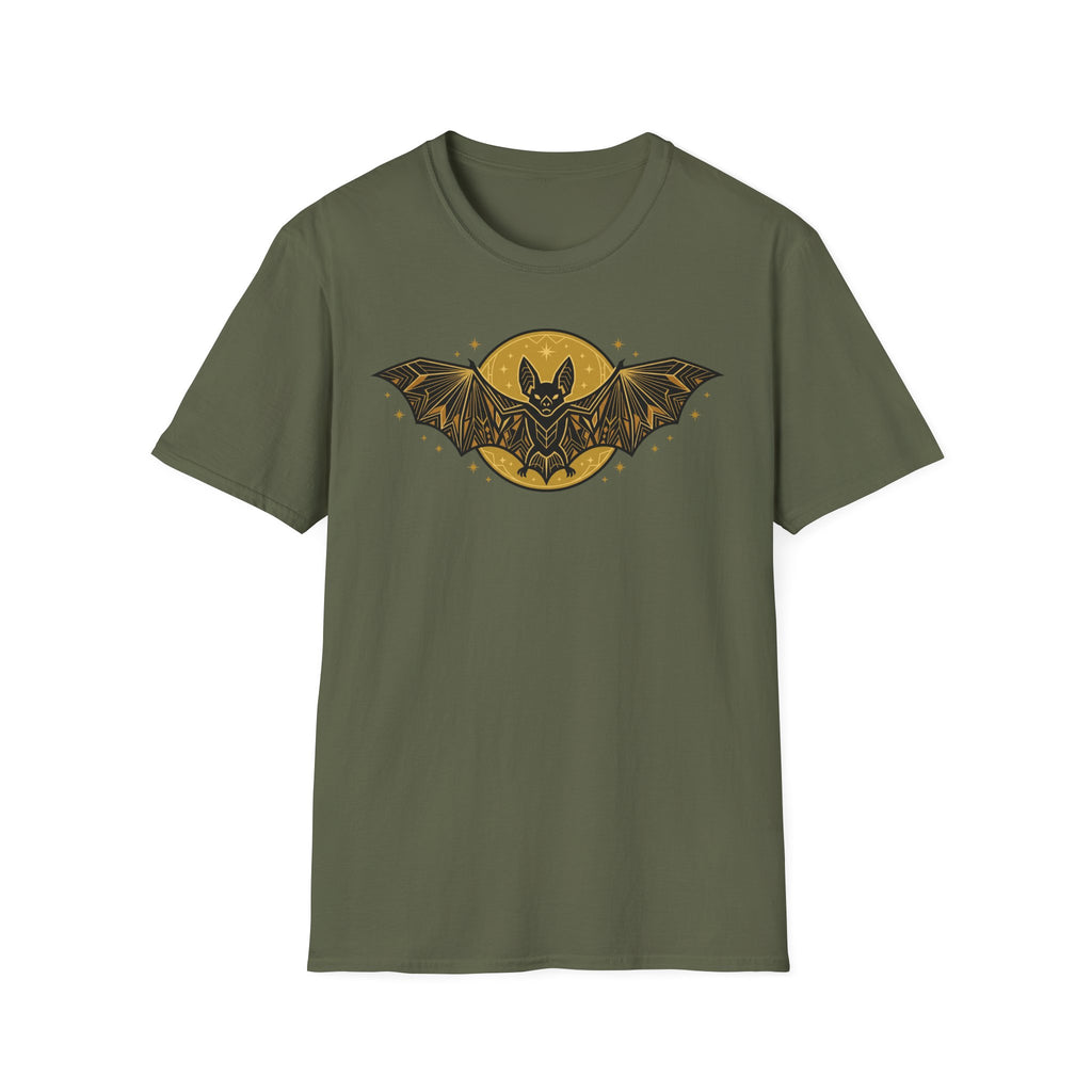 Olive green crew-neck T-shirt with gold bat-and-moon graphic