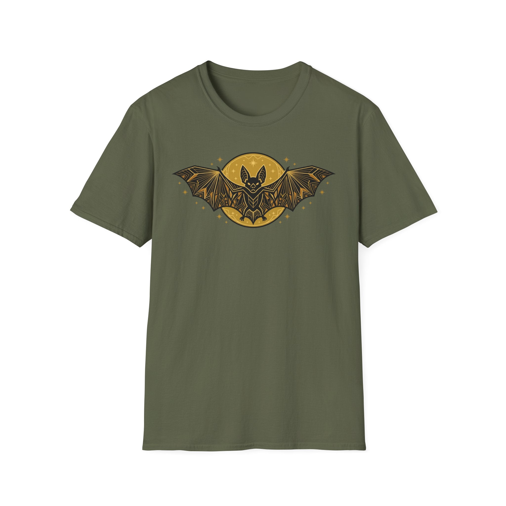 Olive green crew-neck T-shirt with gold bat-and-moon graphic