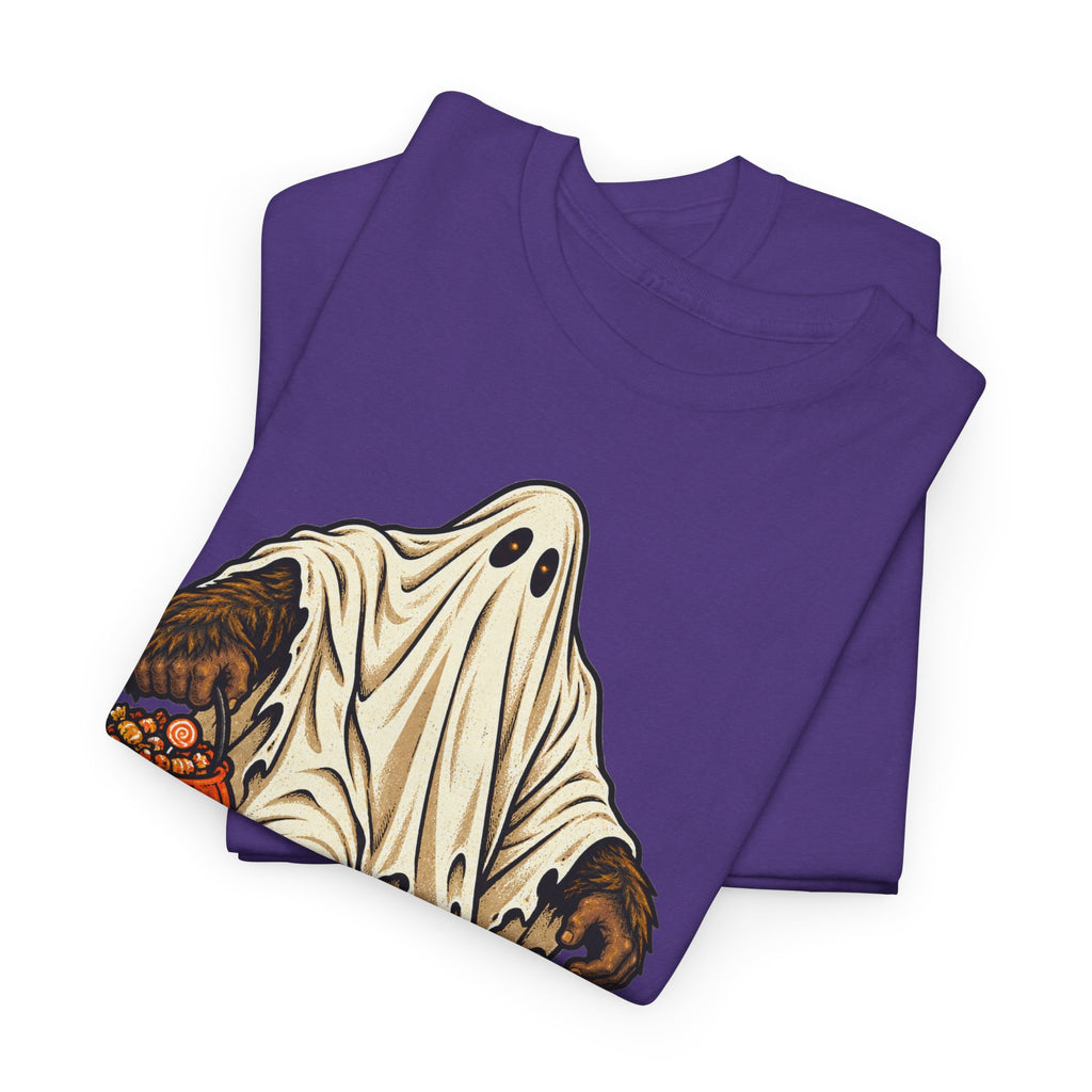 Purple Halloween T-shirt with retro pumpkin sasquatch graphic, crew neck short sleeves
