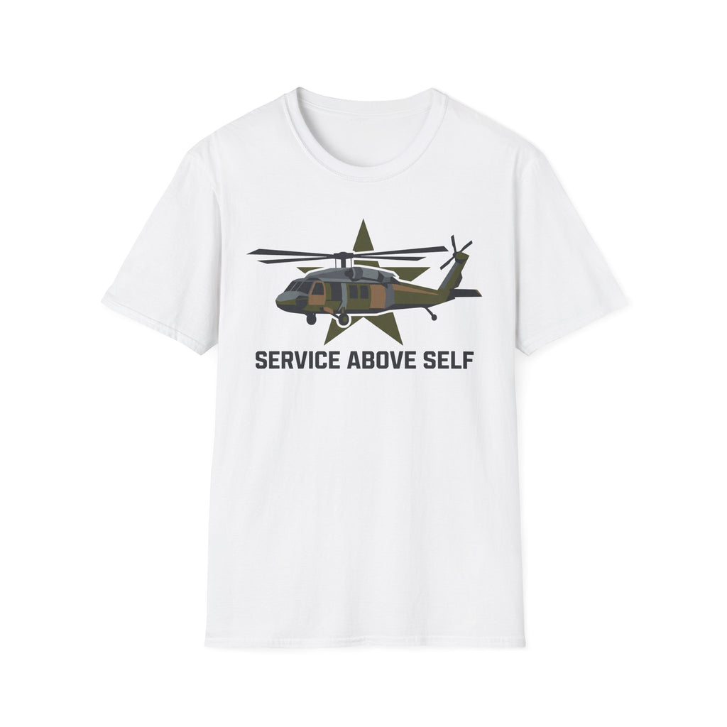 Service Above Self T-shirt in white with helicopter star graphic on chest