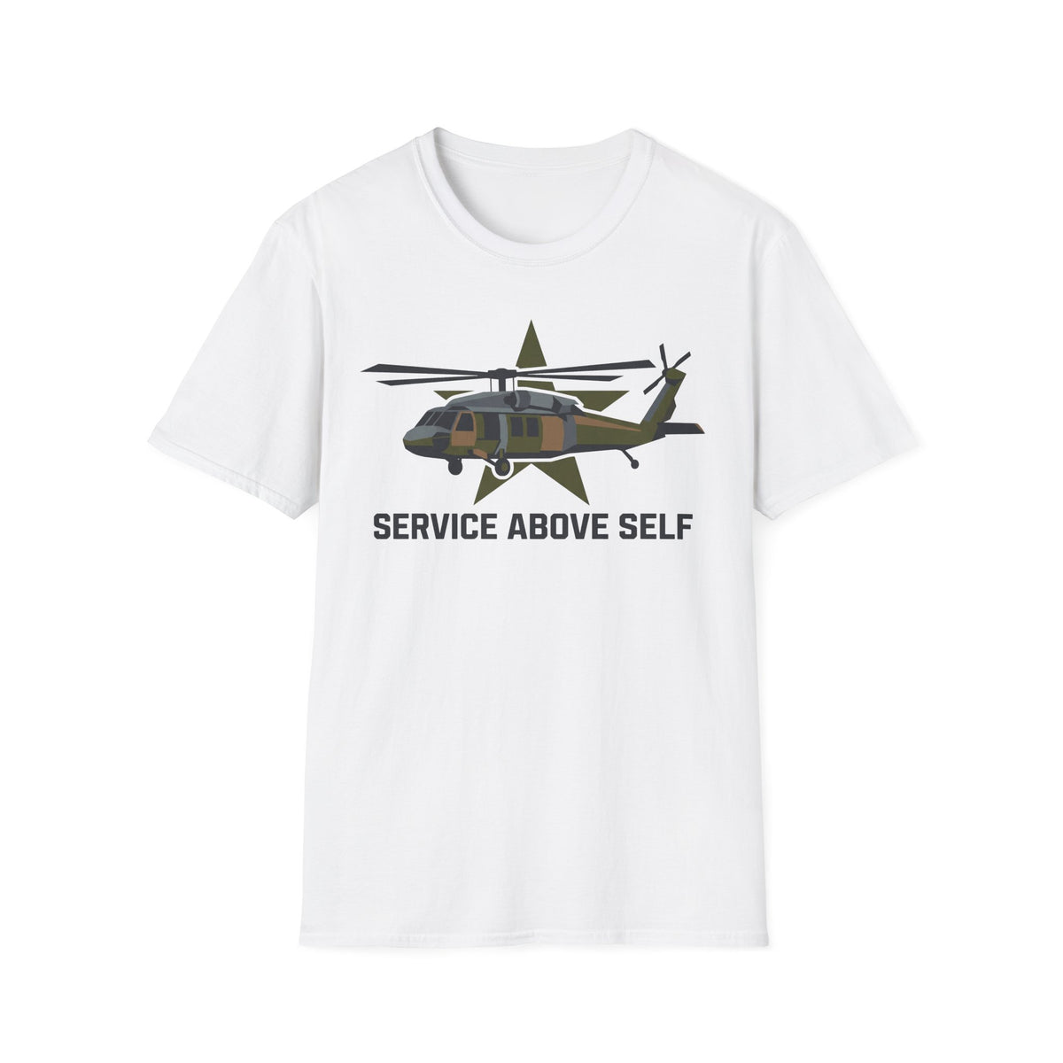 Service Above Self T-shirt in white with helicopter star graphic on chest