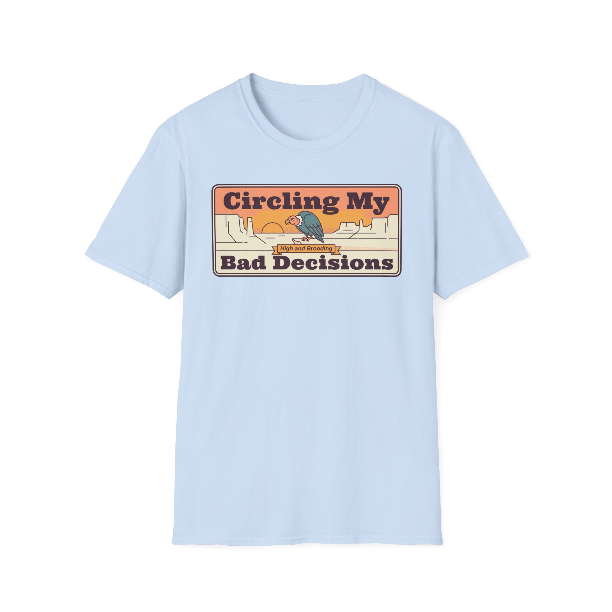 Light blue crewneck t-shirt with “Circling My Bad Decisions” retro graphic on front