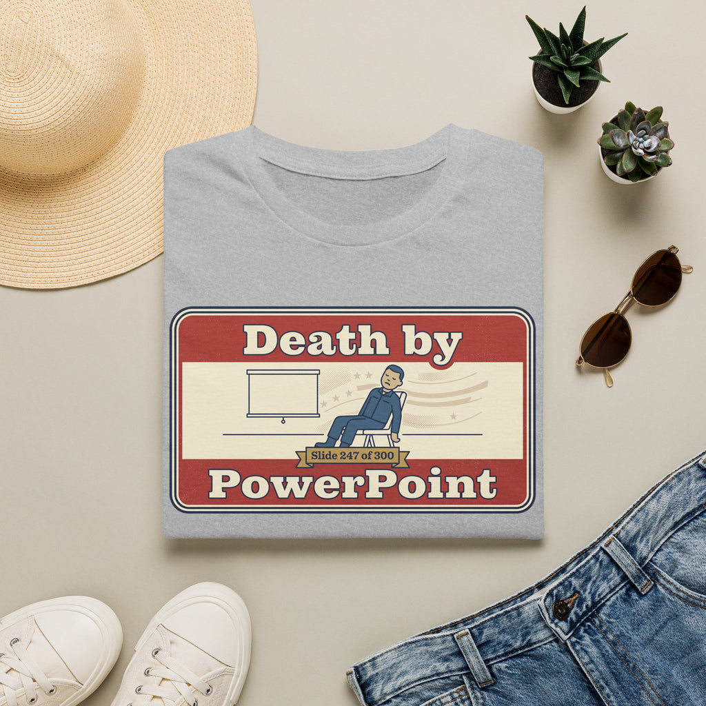 Light gray T-shirt with 'Death by PowerPoint' presentation graphic, crew neck.