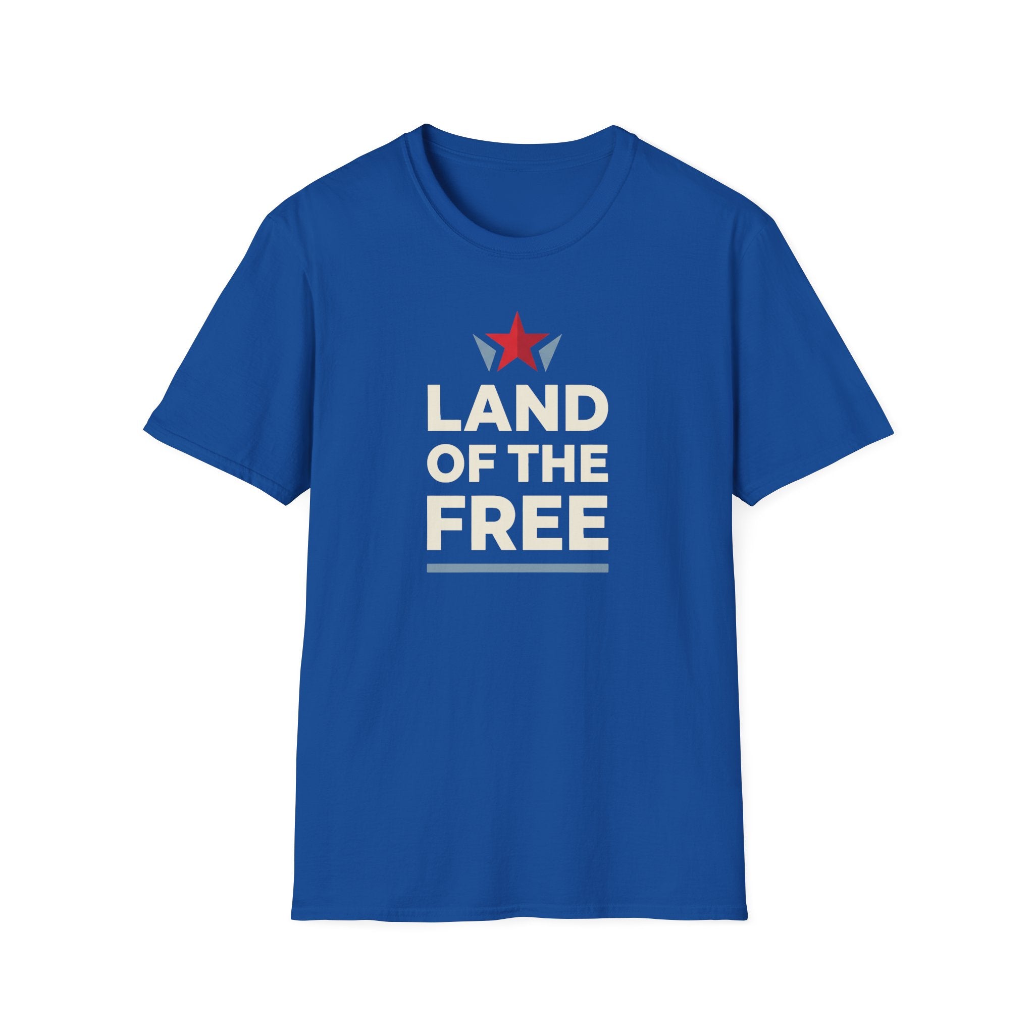 Royal blue T-shirt with red star graphic and white Land of the Free lettering