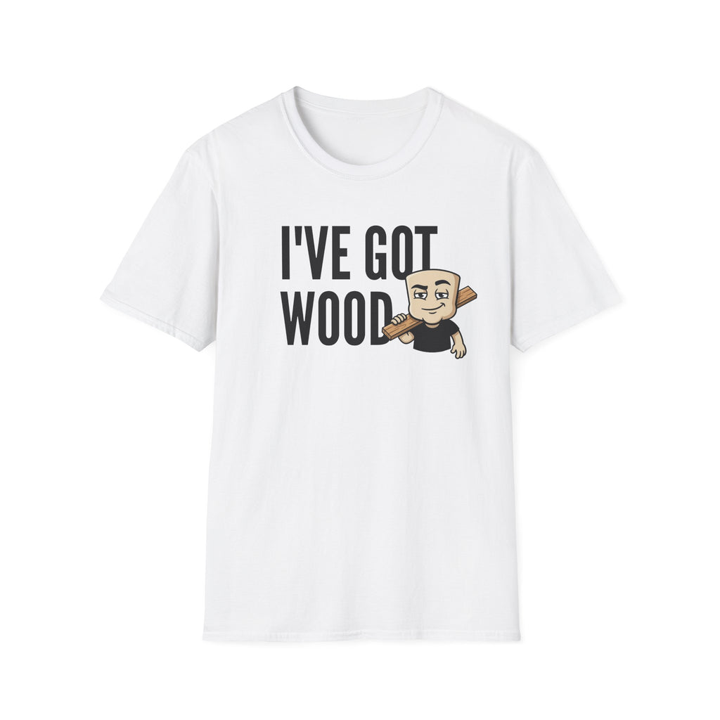 White T-shirt with 'I've Got Wood' graphic and cartoon carpenter holding wood
