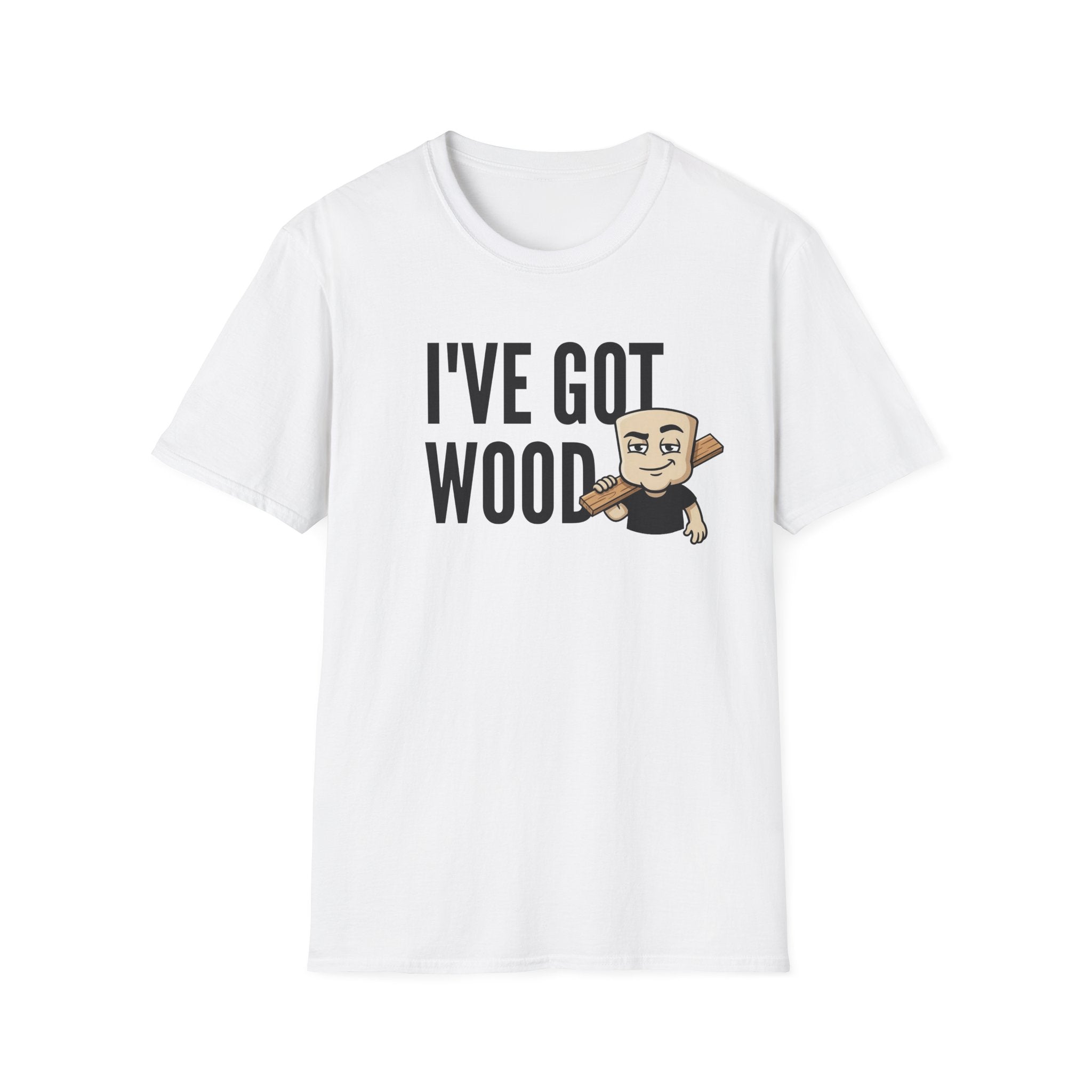 White T-shirt with 'I've Got Wood' graphic and cartoon carpenter holding wood