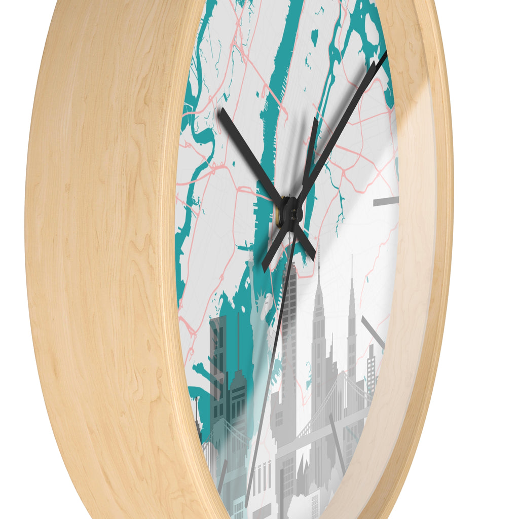 Wooden-base wall clock with teal river map background, black hands and skyline