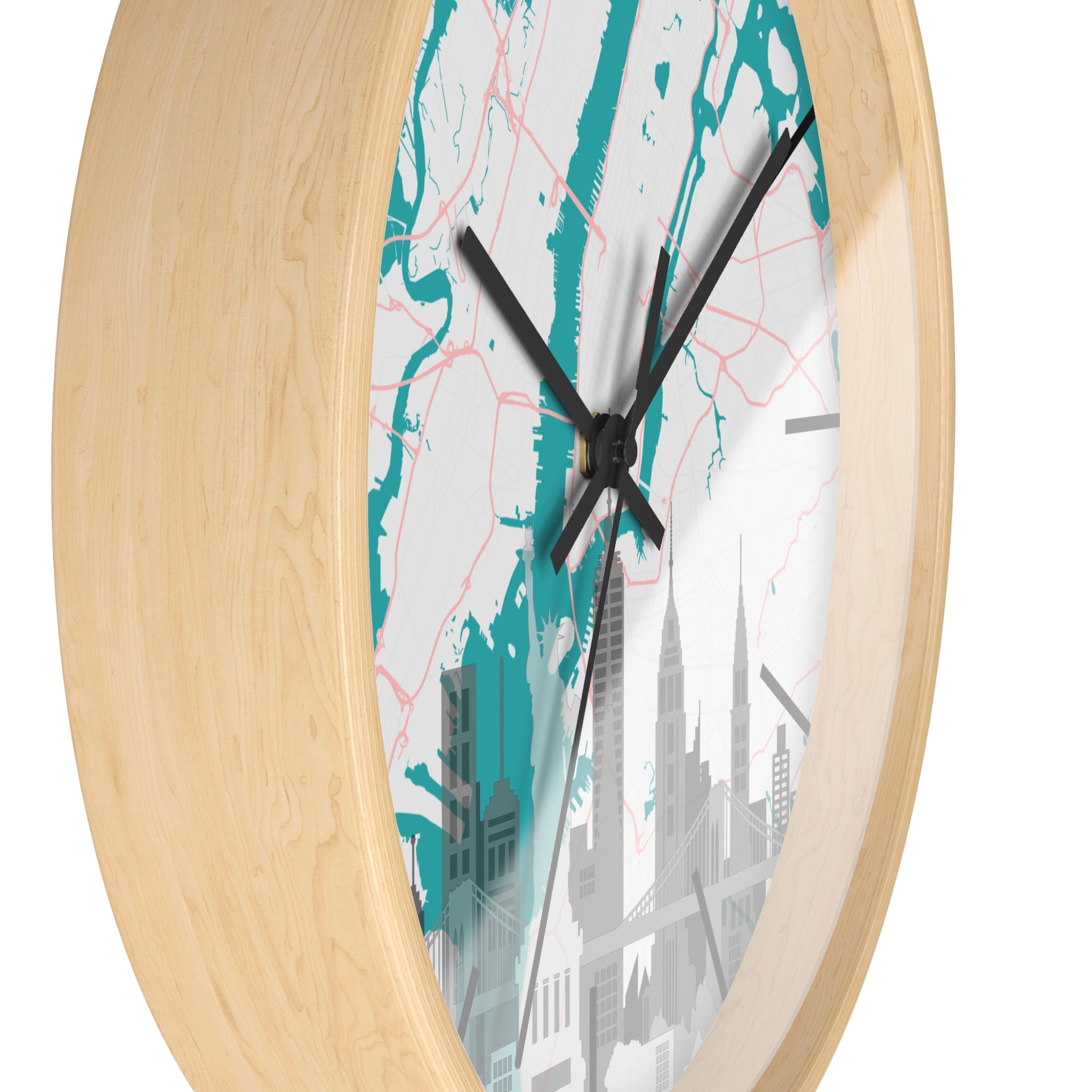 Wooden-base wall clock with teal river map background, black hands and skyline