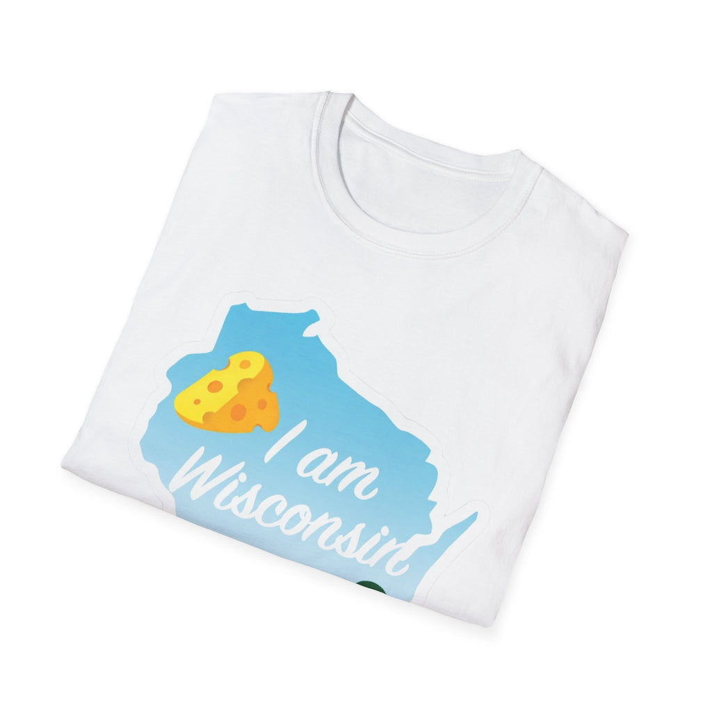 I Am Wisconsin T-Shirt, white with Wisconsin outline, cheese and landscape graphic