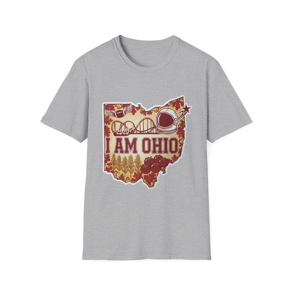 I Am Ohio T-Shirt, graues Heather-Shirt mit Karten-Outline und „I AM OHIO“ Text