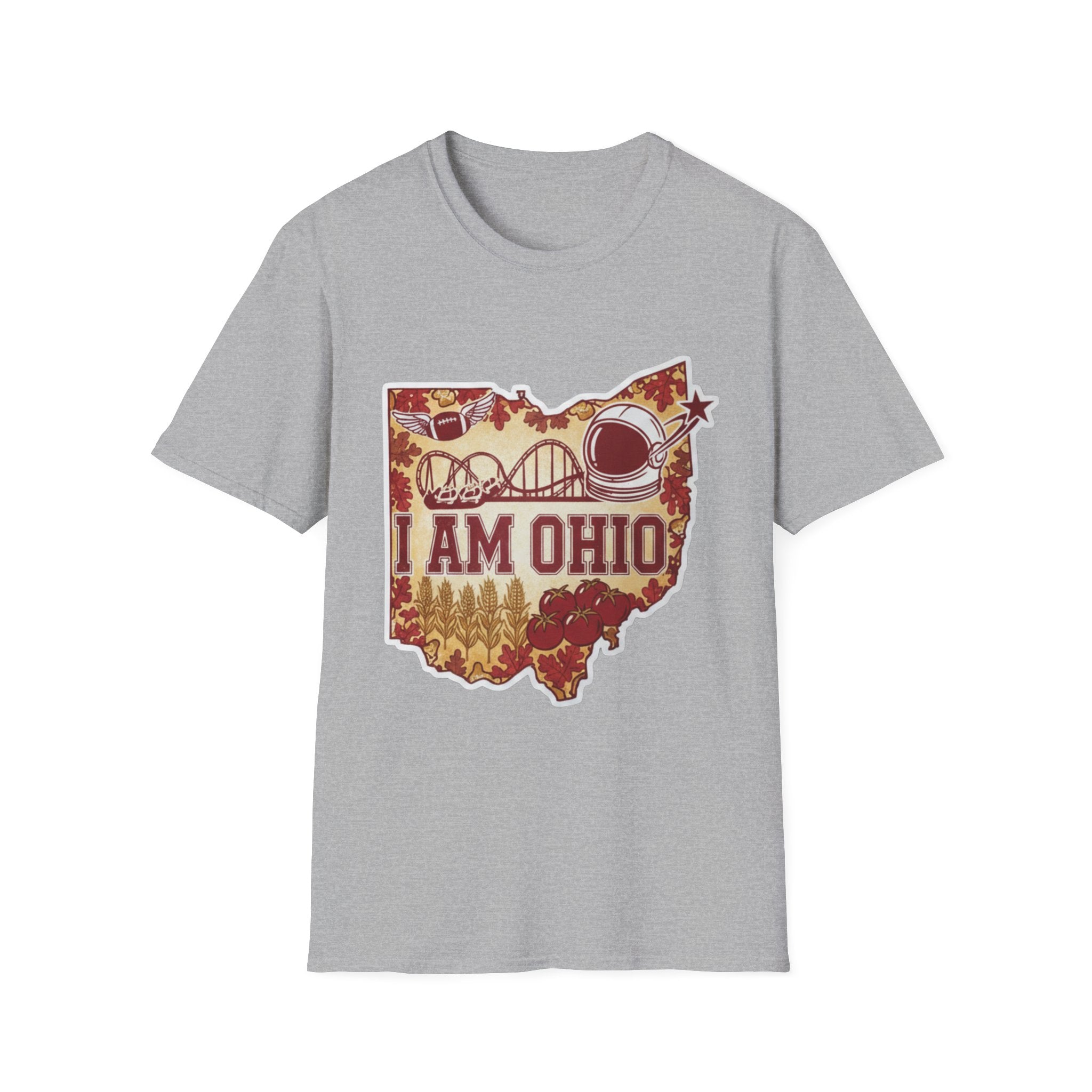 I Am Ohio T-Shirt, graues Heather-Shirt mit Karten-Outline und „I AM OHIO“ Text