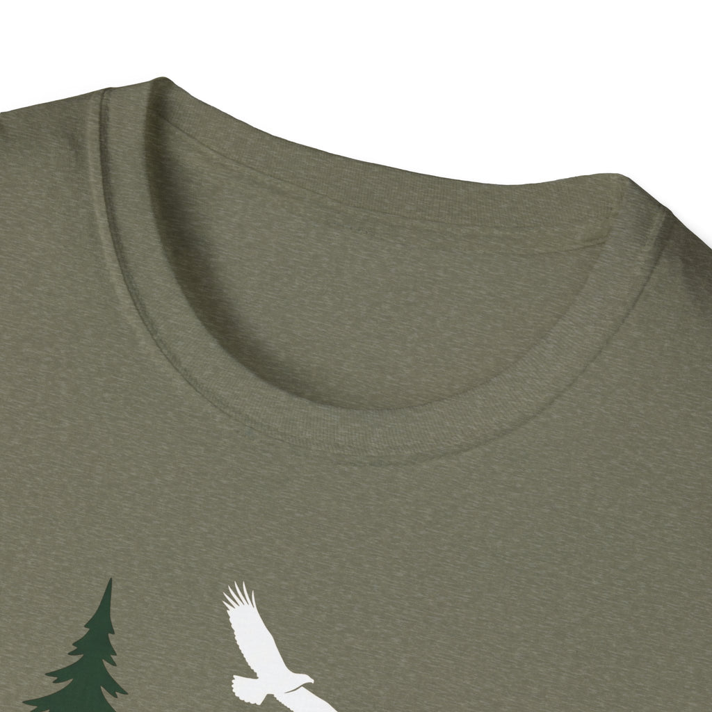Dark heather crew-neck T-shirt with partial white soaring bird graphic