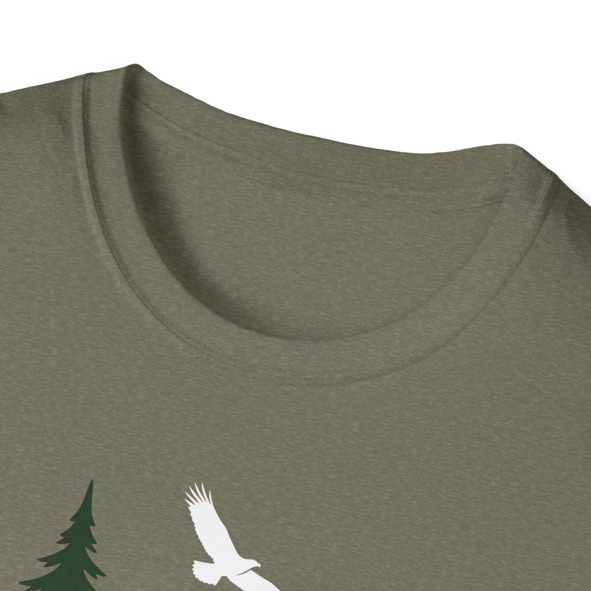 Dark heather crew-neck T-shirt with partial white soaring bird graphic