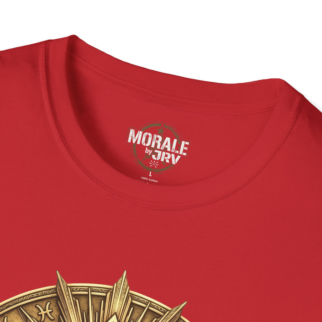 Red T-shirt neckline with small chest logo and partial gold symbol