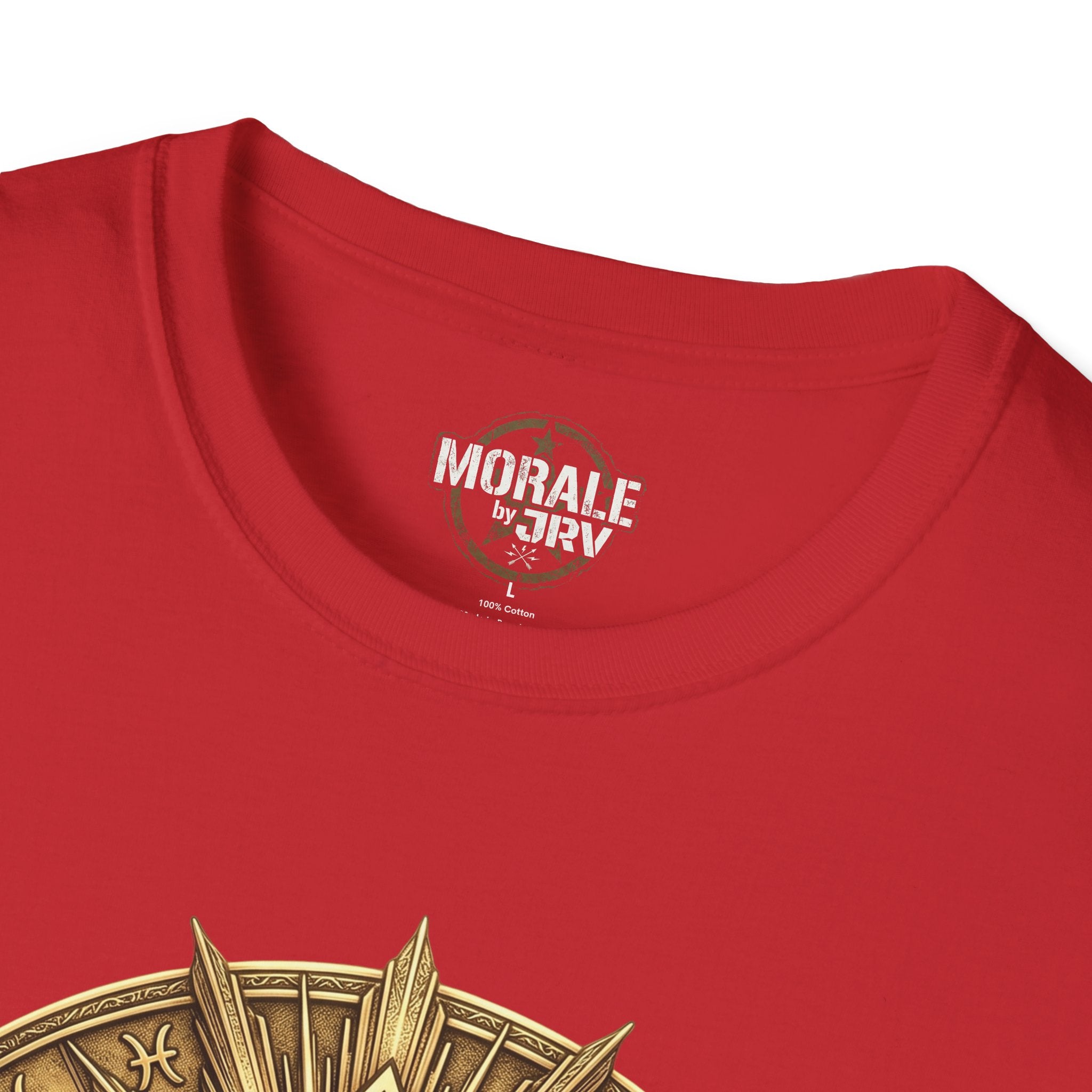 Red T-shirt neckline with small chest logo and partial gold symbol