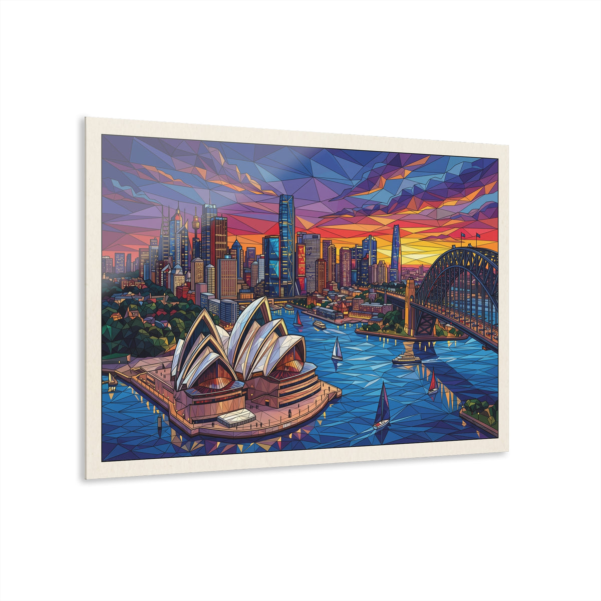 Geometric city skyline acrylic wall art with Opera House and bridge, white framed