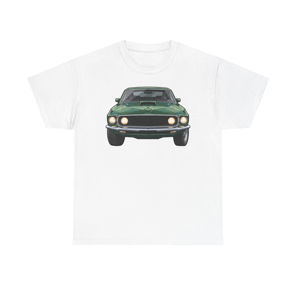 White crew-neck T-shirt with vintage green muscle car front graphic