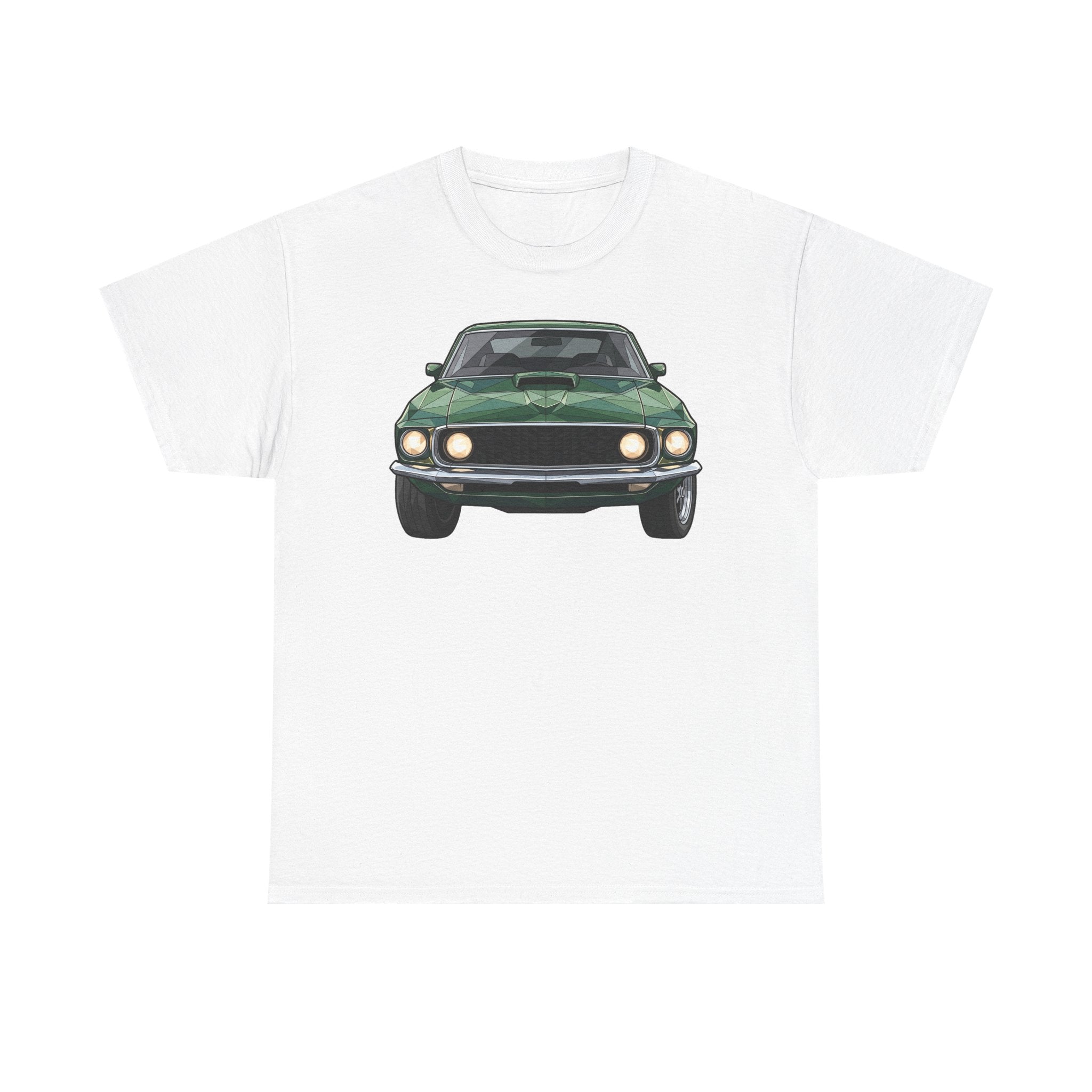 White crew-neck T-shirt with vintage green muscle car front graphic