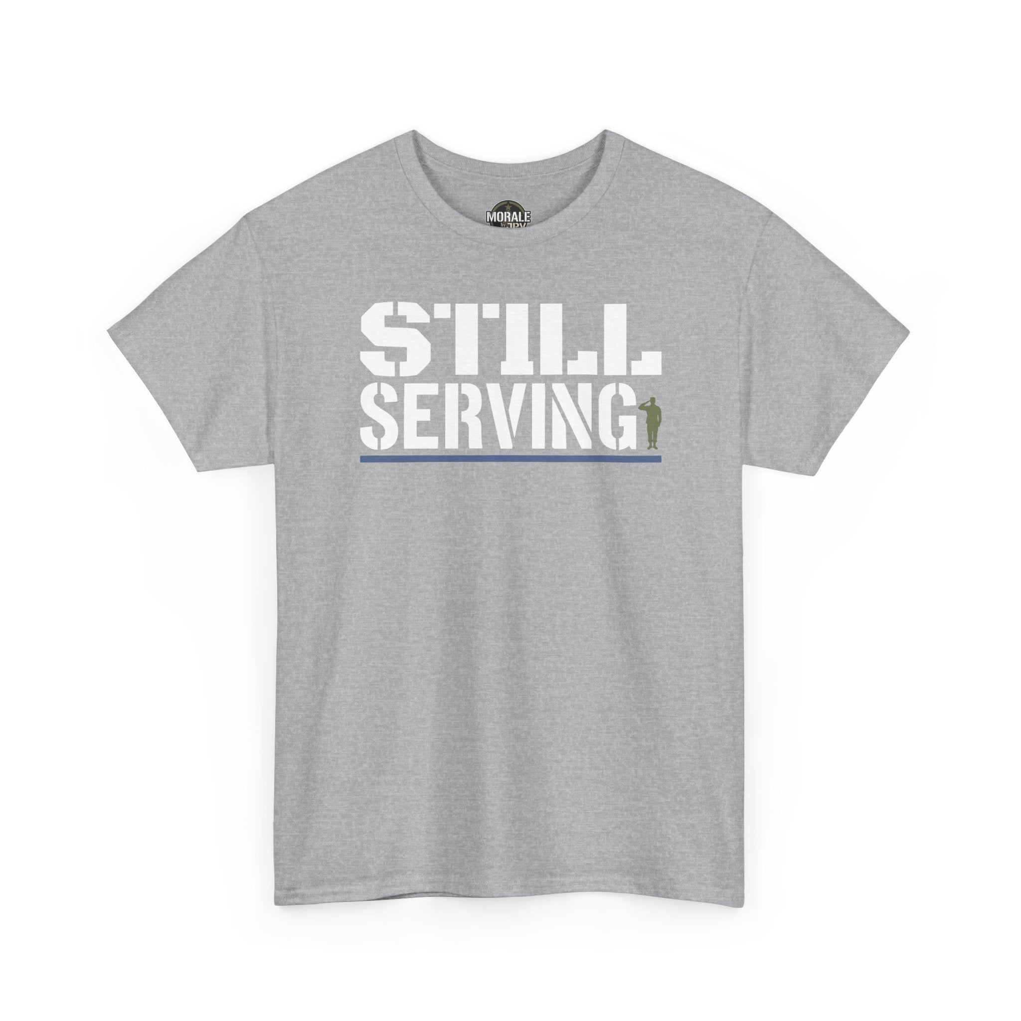 Gray crewneck t-shirt with “STILL SERVING” graphic