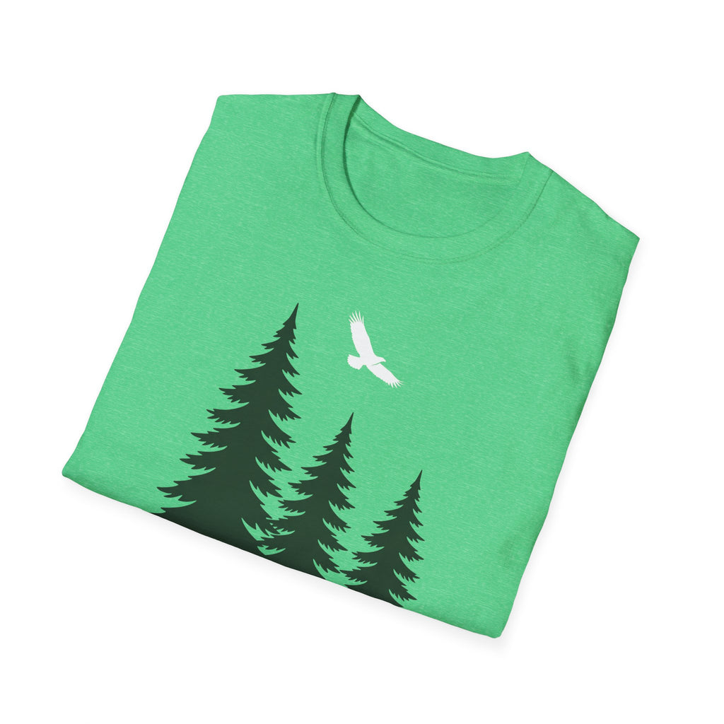 Bright green T-shirt with pine trees and a white soaring bird graphic on front