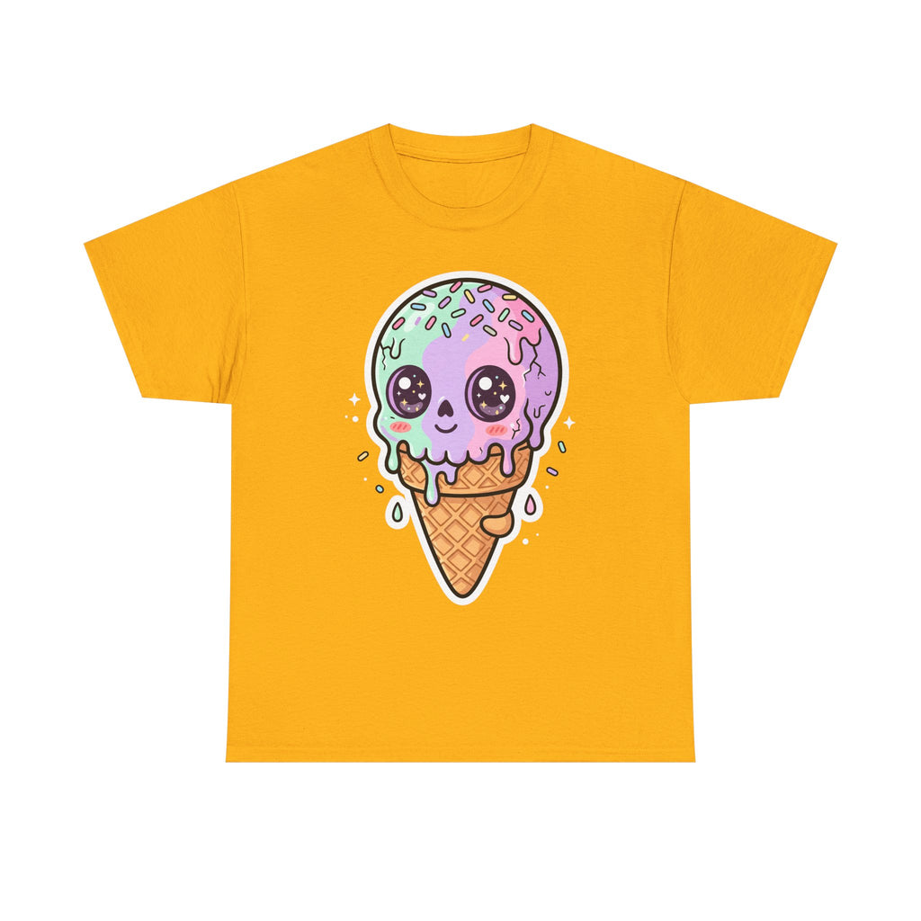Kawaii melting ice cream cone T-shirt, purple cute ice cream graphic on gold
