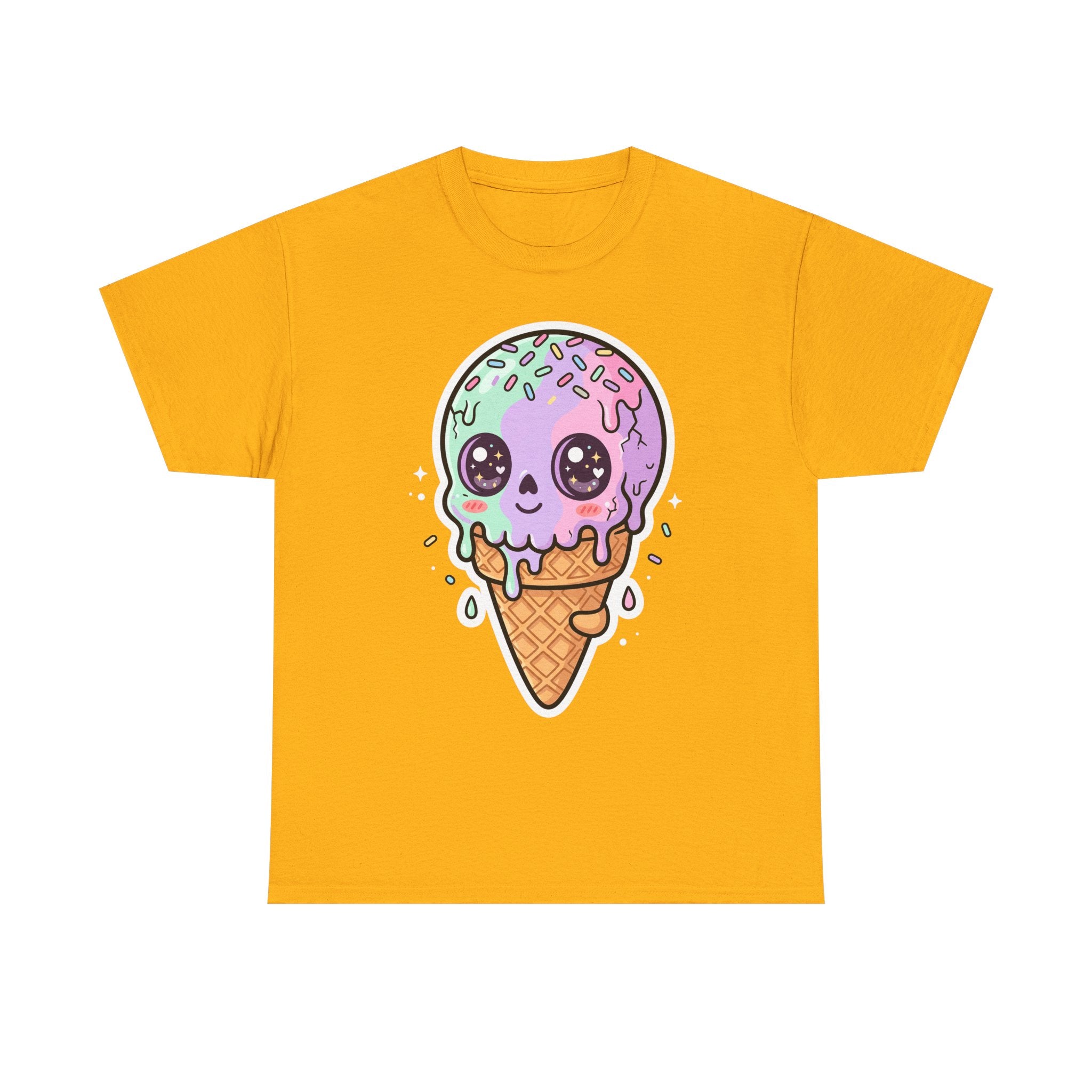 Kawaii melting ice cream cone T-shirt, purple cute ice cream graphic on gold