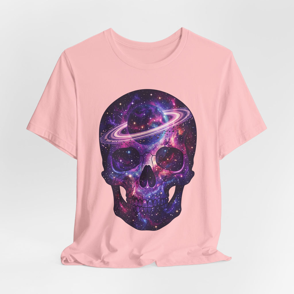 Light pink T-shirt with nebula galaxy skull graphic on front