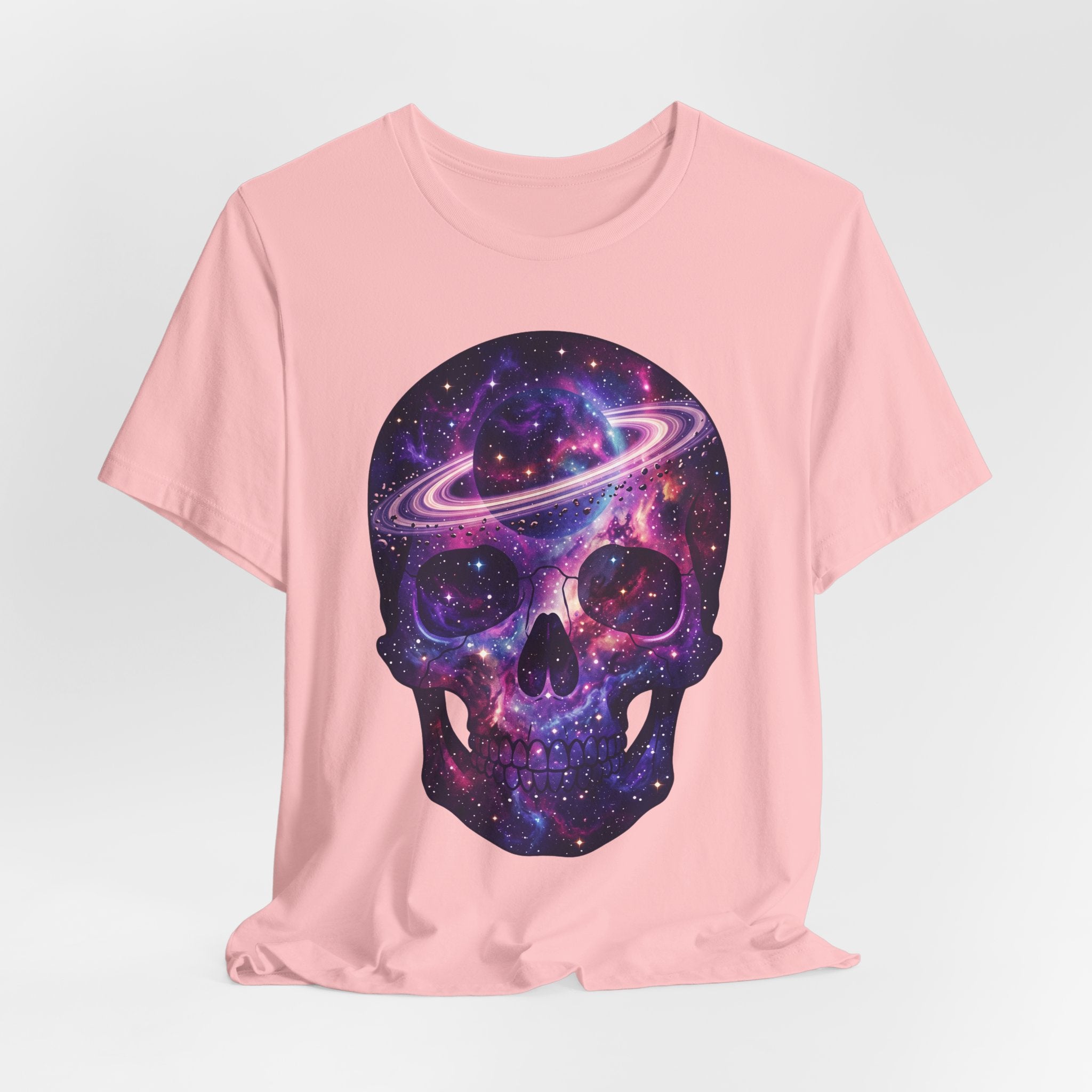 Light pink T-shirt with nebula galaxy skull graphic on front