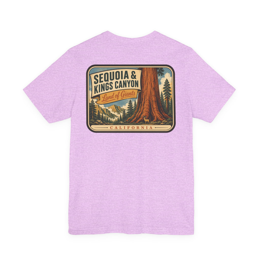 Lavender crewneck T-shirt with large back graphic: Sequoia & Kings Canyon, California