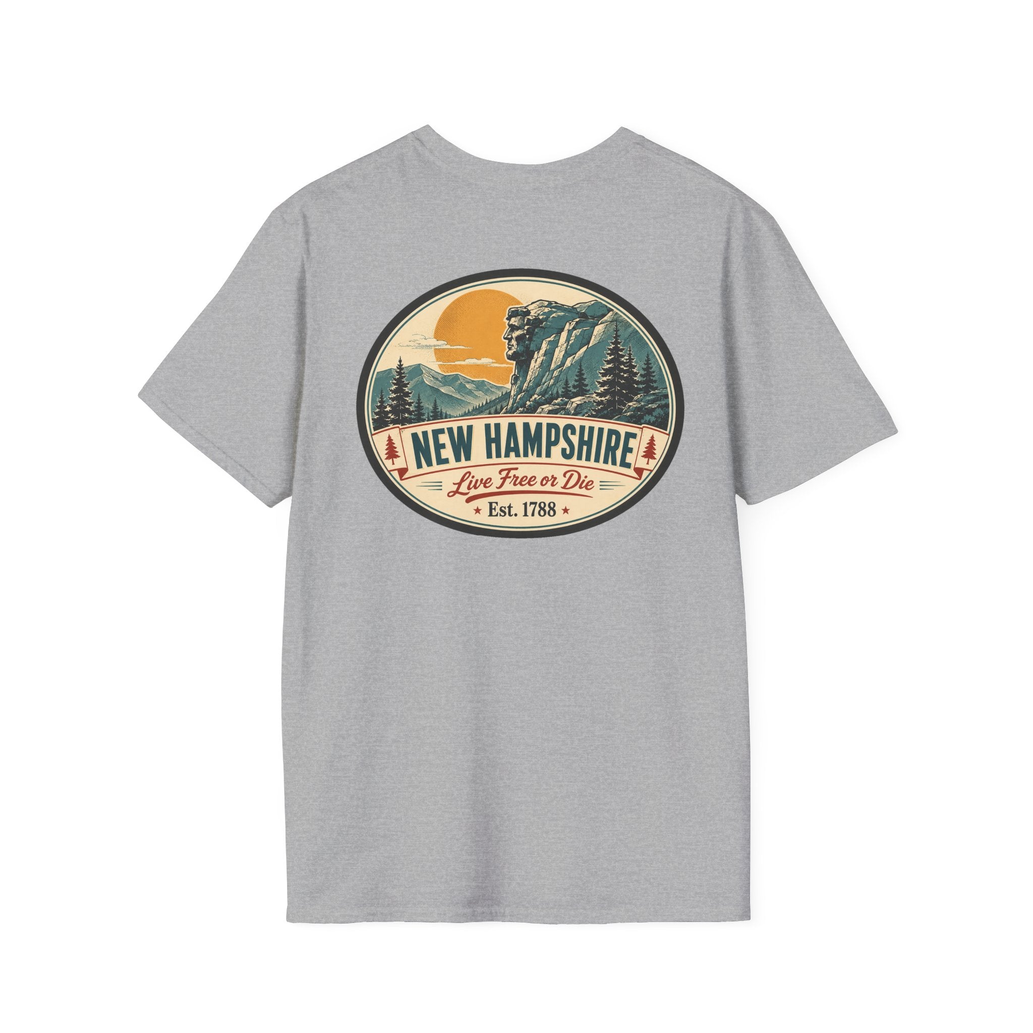 Light gray graphic T-shirt with circular mountains and New Hampshire logo on chest