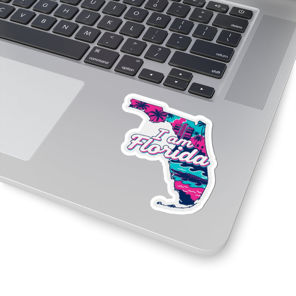 I am Florida decal on laptop: colorful Florida map with palm trees and text
