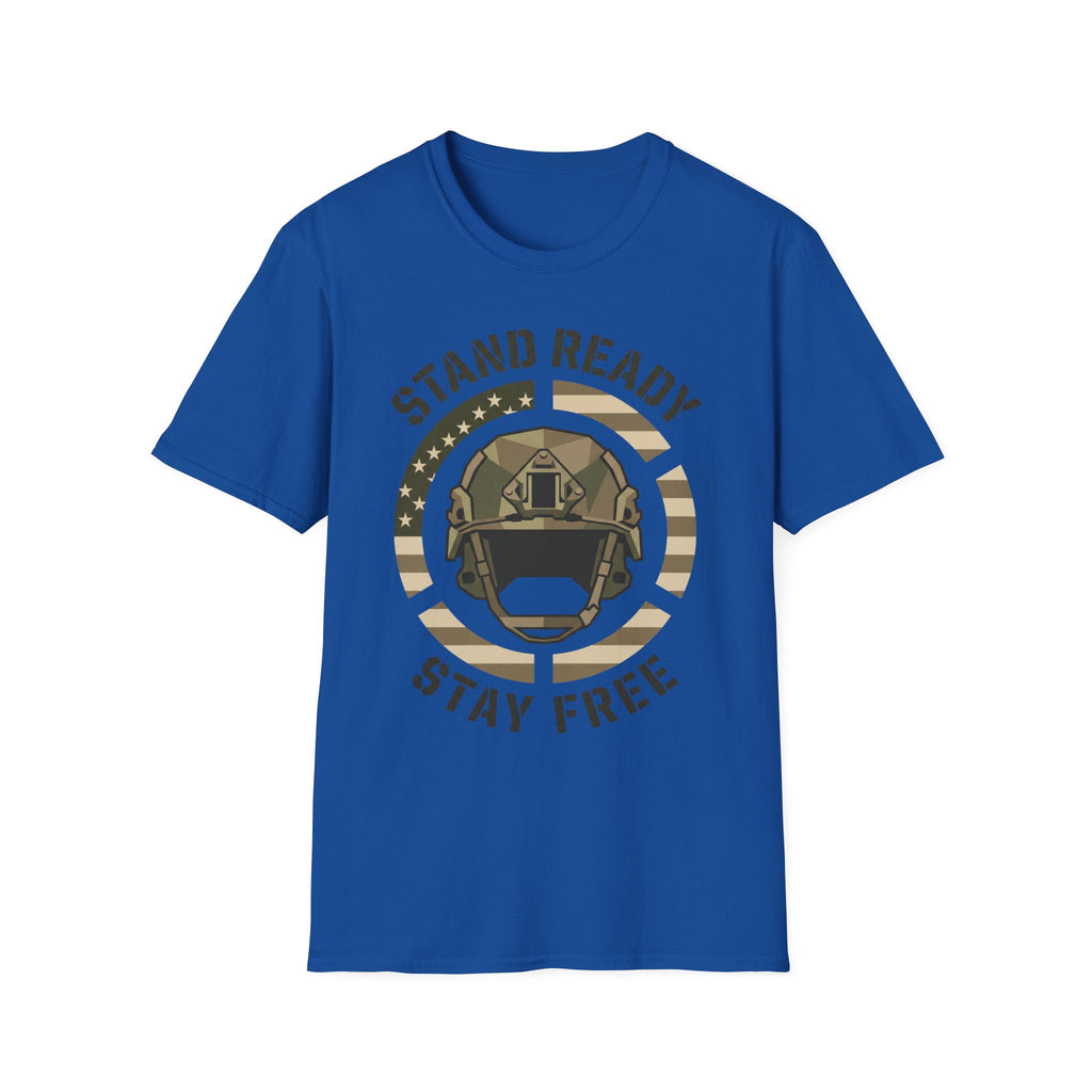 Royal blue crew-neck military helmet graphic t-shirt with circular “Stand Ready Stay Free” print