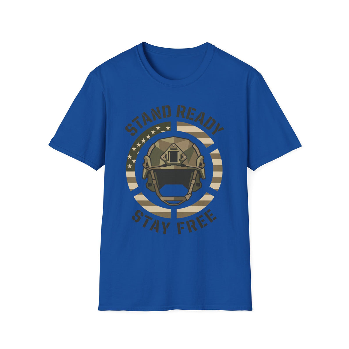 Royal blue crew-neck military helmet graphic t-shirt with circular “Stand Ready Stay Free” print