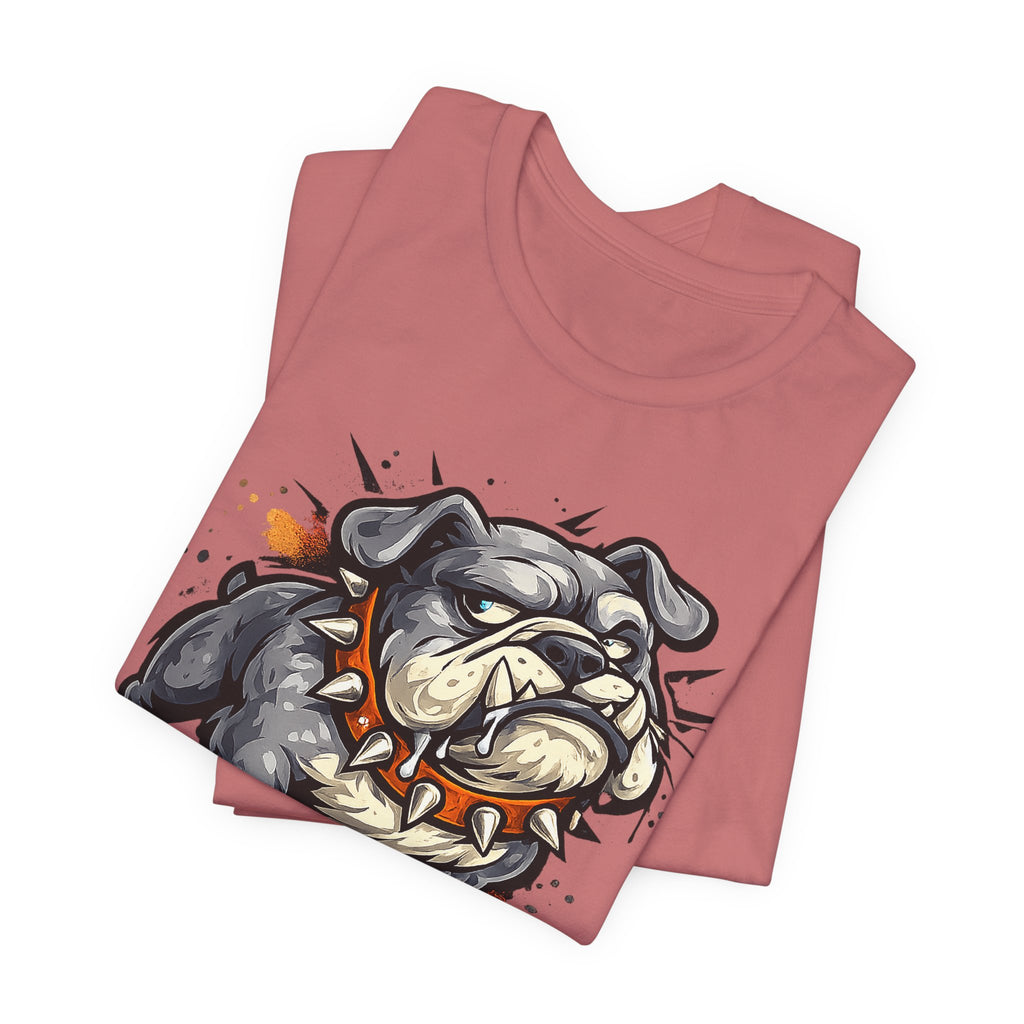 Dusty rose crew-neck T-shirt with bulldog head graphic on chest