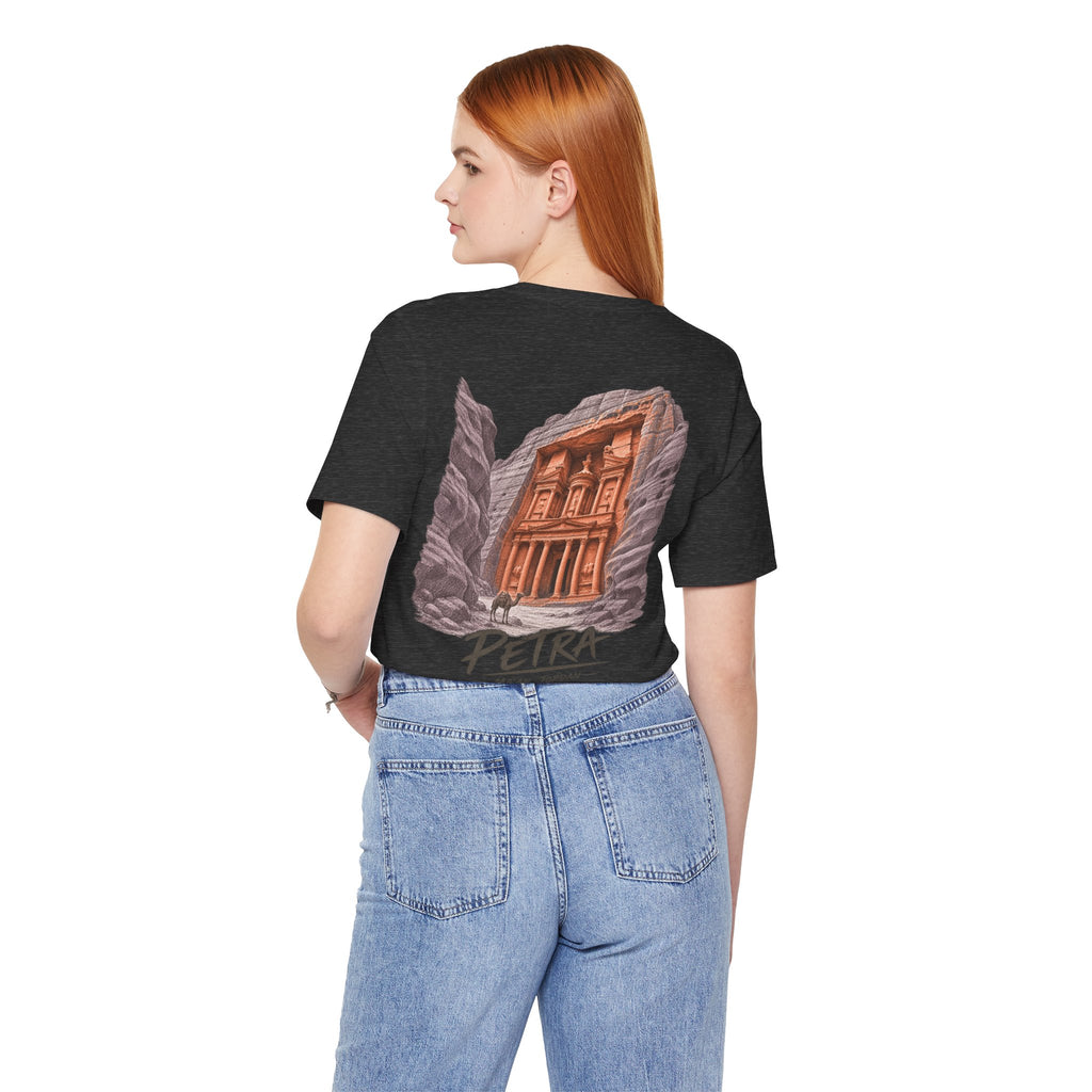 Black T-shirt on model showing large back Petra illustration print